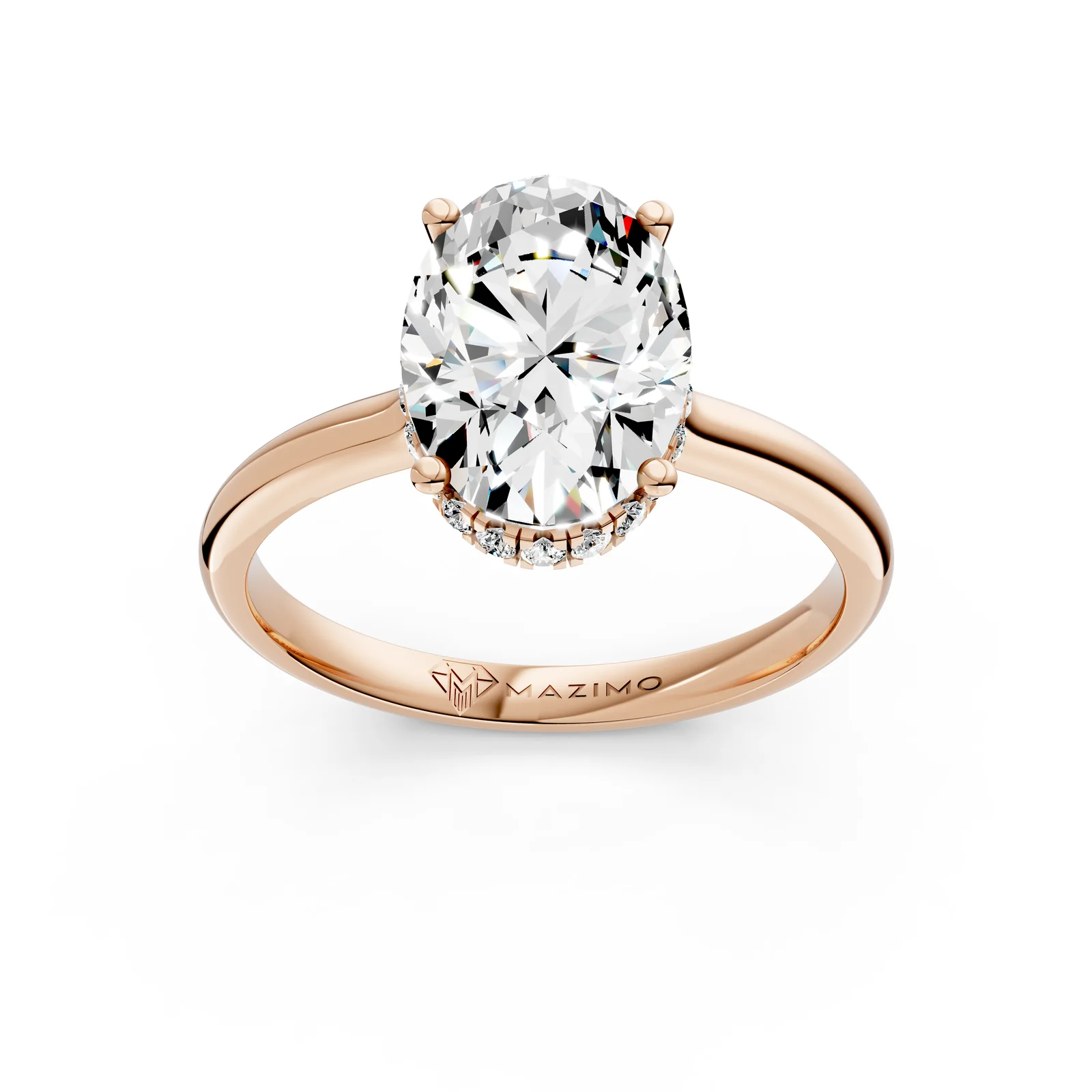 Oval Hidden Halo Solitaire Ring, 1.5 ct in 18K Rose Gold, 1.5 ct oval diamond in four claws with a hidden diamond halo, three-quarter view