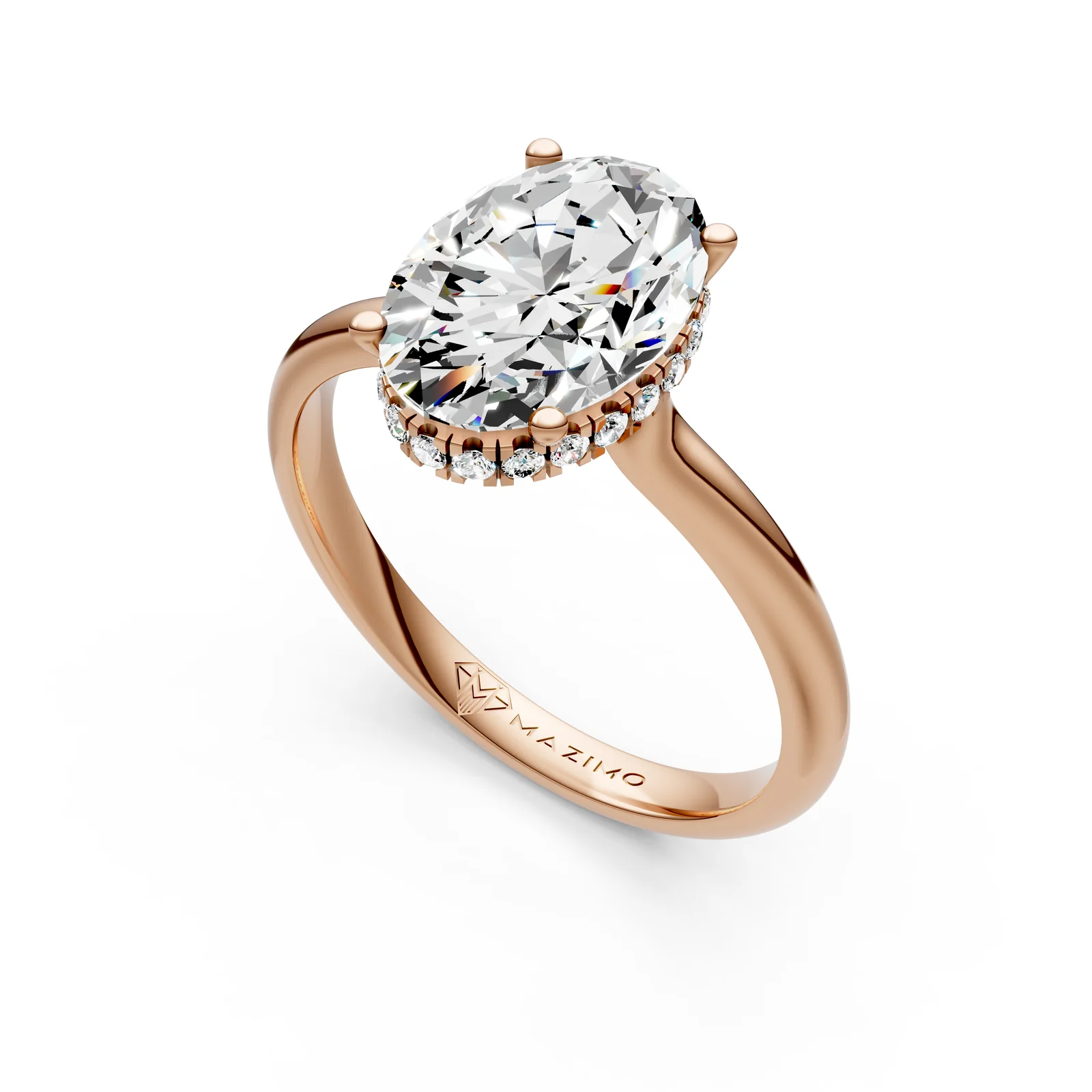 Oval Hidden Halo Solitaire Ring, 1.5 ct in 18K Rose Gold, 1.5 ct oval diamond in four claws with a hidden diamond halo, angled view