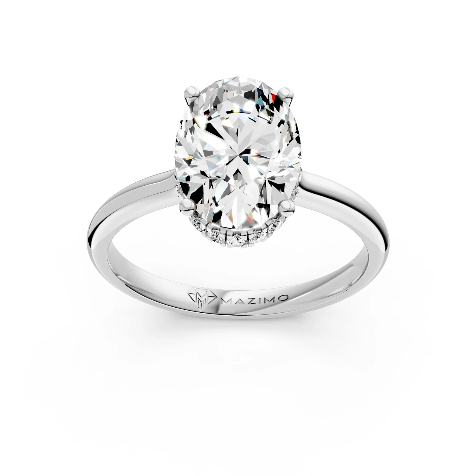 Oval Hidden Halo Solitaire Ring, 1.5 ct in 18K White Gold, 1.5 ct oval diamond in four claws with a hidden diamond halo, three-quarter view