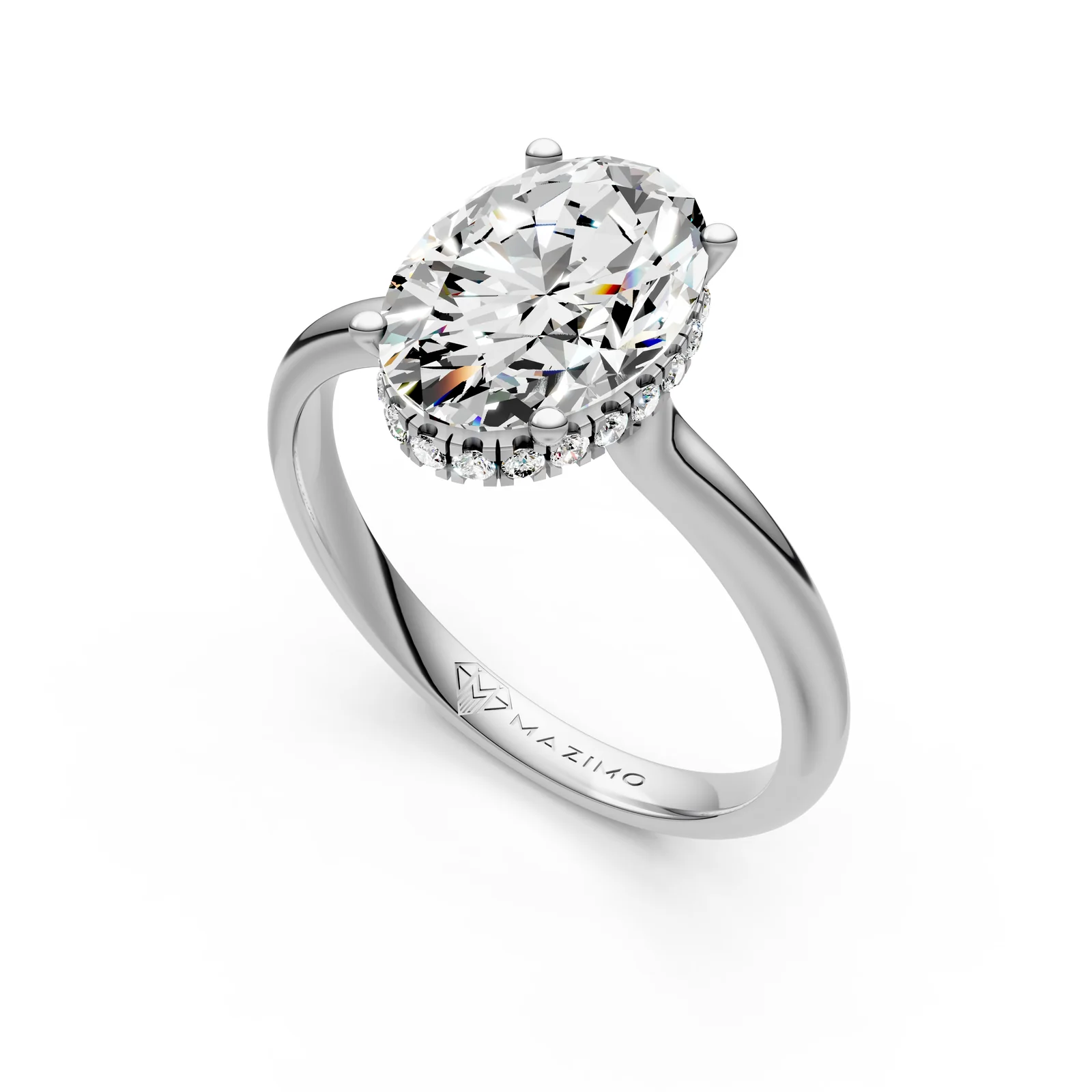 Oval Hidden Halo Solitaire Ring, 1.5 ct in 18K White Gold, 1.5 ct oval diamond in four claws with a hidden diamond halo, angled view