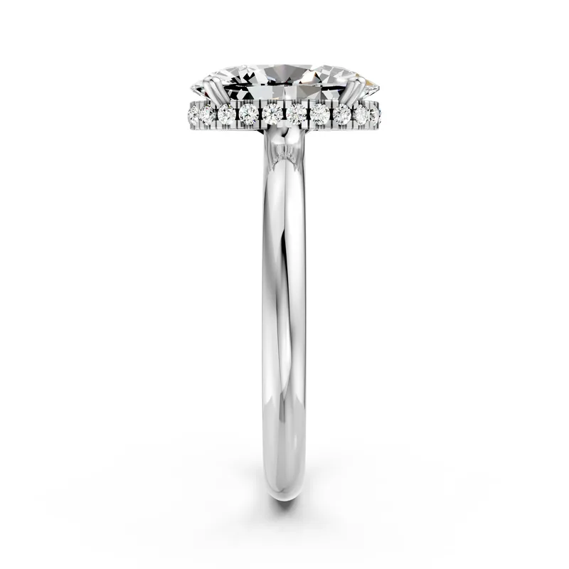 Oval Hidden Halo Solitaire Ring, 1.5 ct in 18K White Gold, 1.5 ct oval diamond in four claws with a hidden diamond halo, side profile