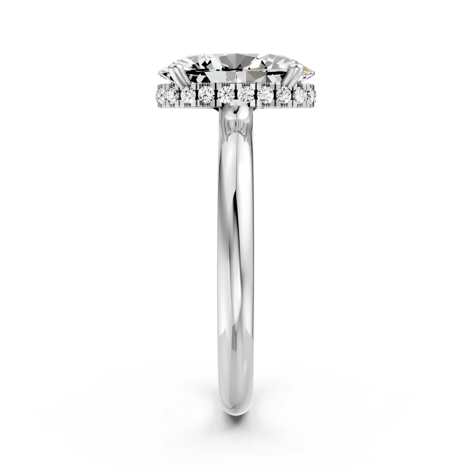 Oval Hidden Halo Solitaire Ring, 1.5 ct in 18K White Gold, 1.5 ct oval diamond in four claws with a hidden diamond halo, side profile