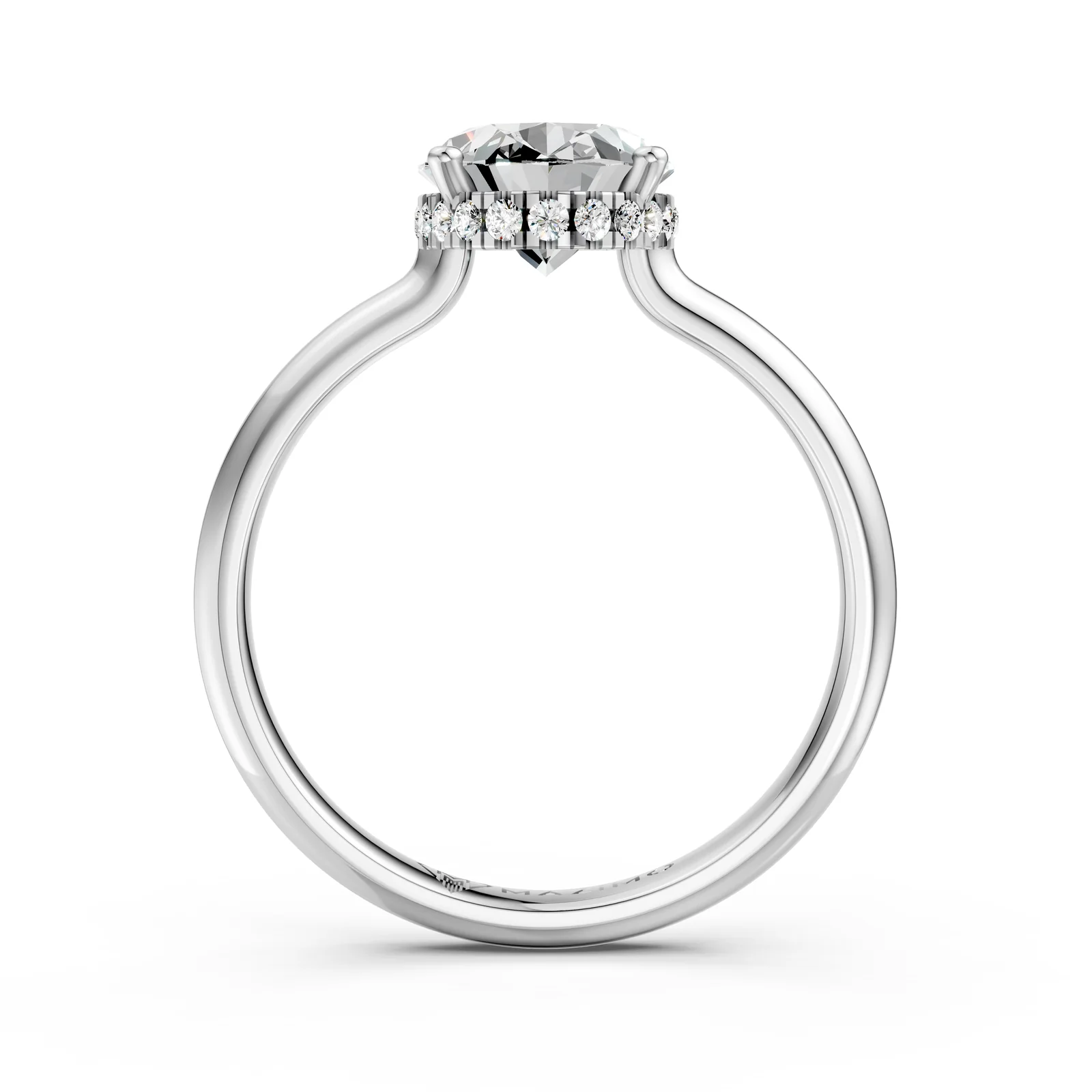 Oval Hidden Halo Solitaire Ring, 1.5 ct in 18K White Gold, 1.5 ct oval diamond in four claws with a hidden diamond halo, front view