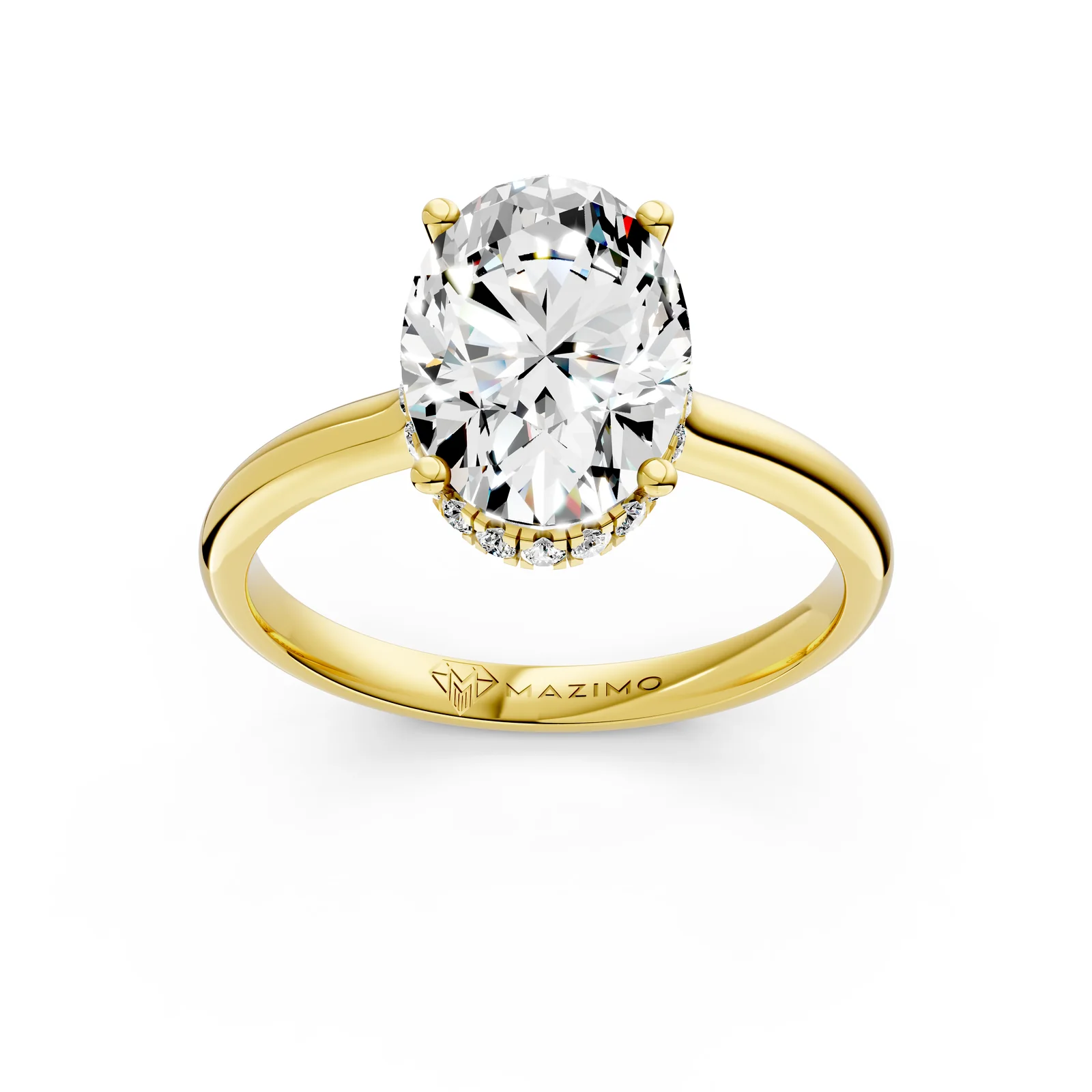 Oval Hidden Halo Solitaire Ring, 1.5 ct in 18K Yellow Gold, 1.5 ct oval diamond in four claws with a hidden diamond halo, three-quarter view