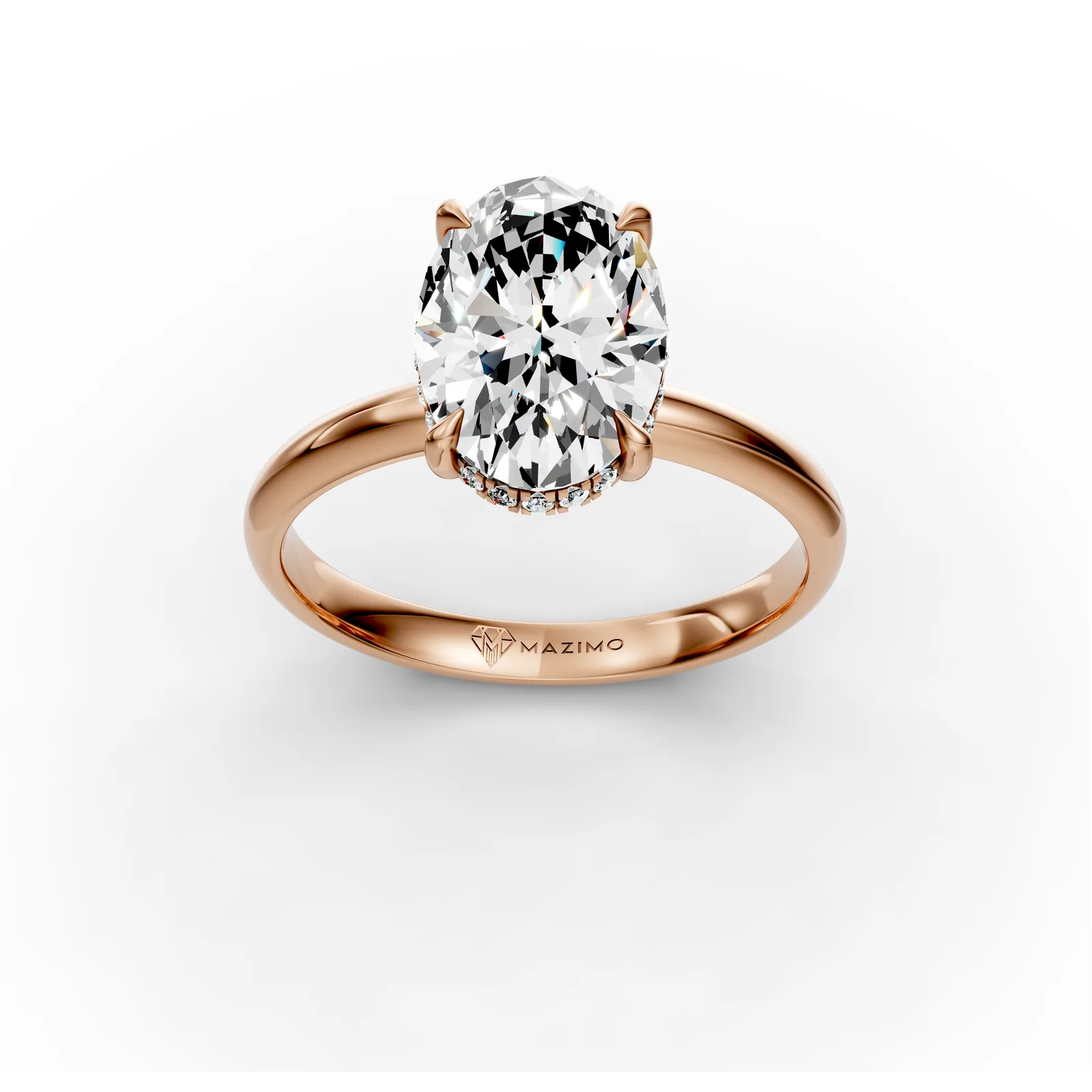 Oval Hidden Halo Solitaire Ring in 18K Rose Gold, three-quarter view