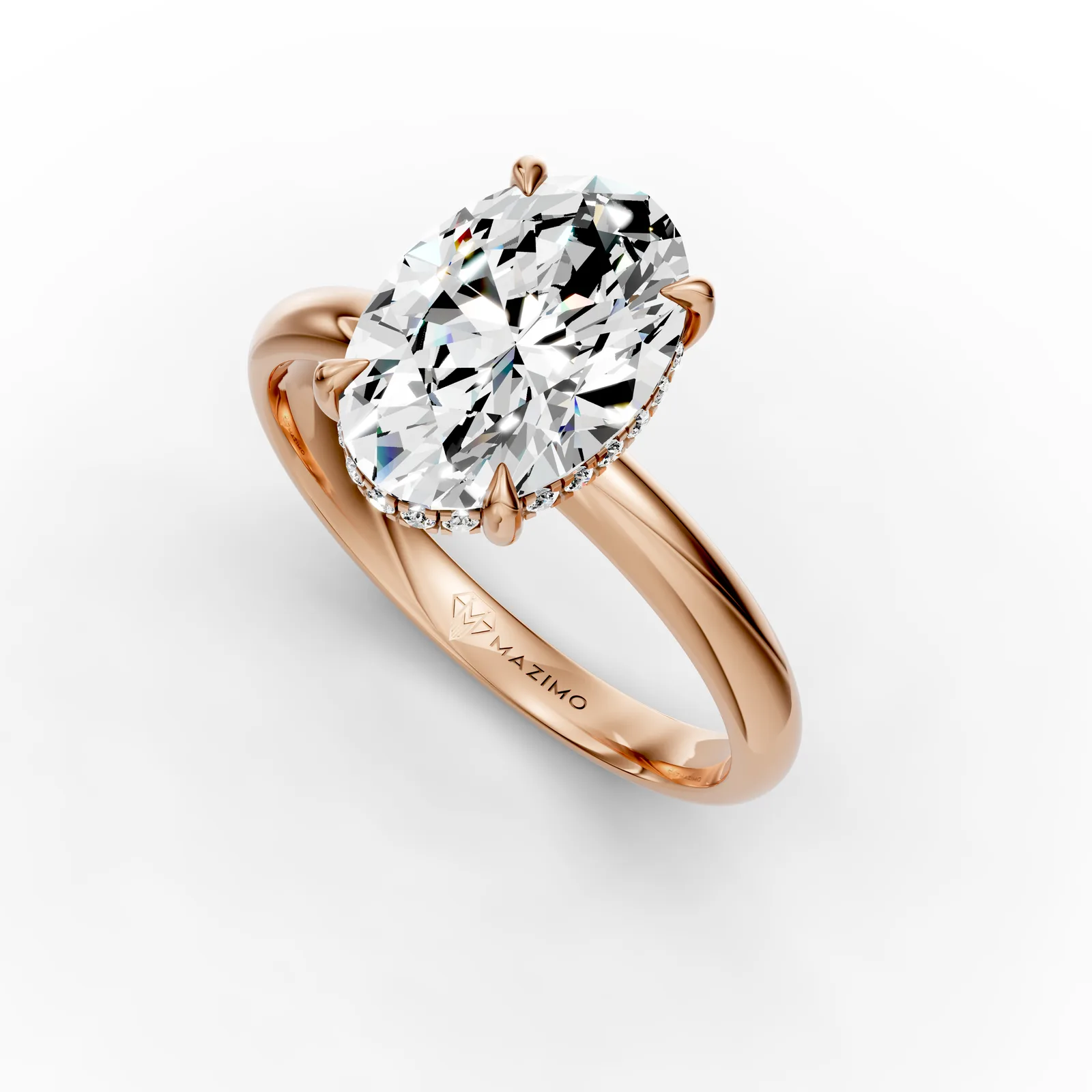 Oval Hidden Halo Solitaire Ring in 18K Rose Gold, angled view