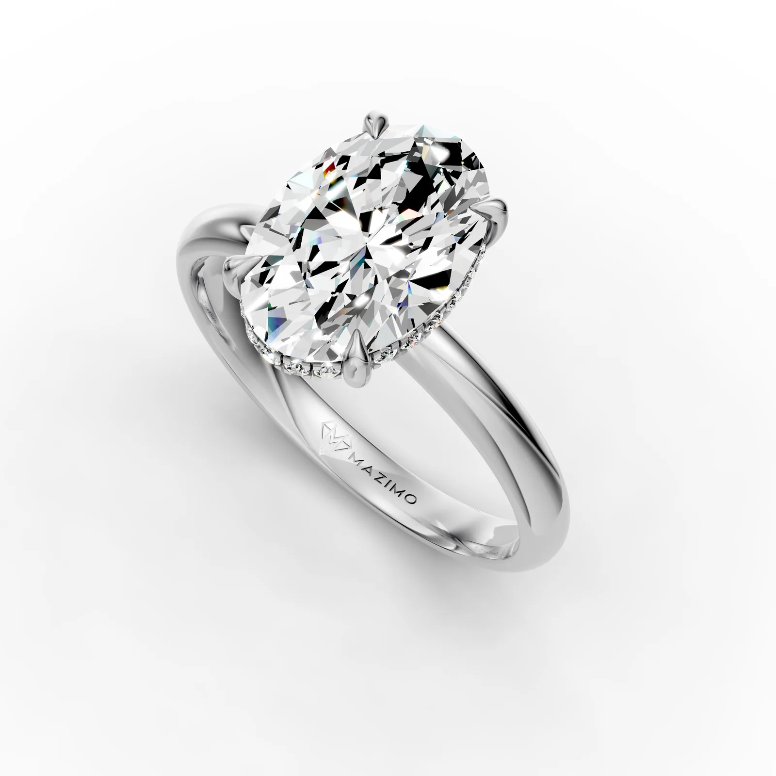 Oval Hidden Halo Solitaire Ring in 18K White Gold, angled view