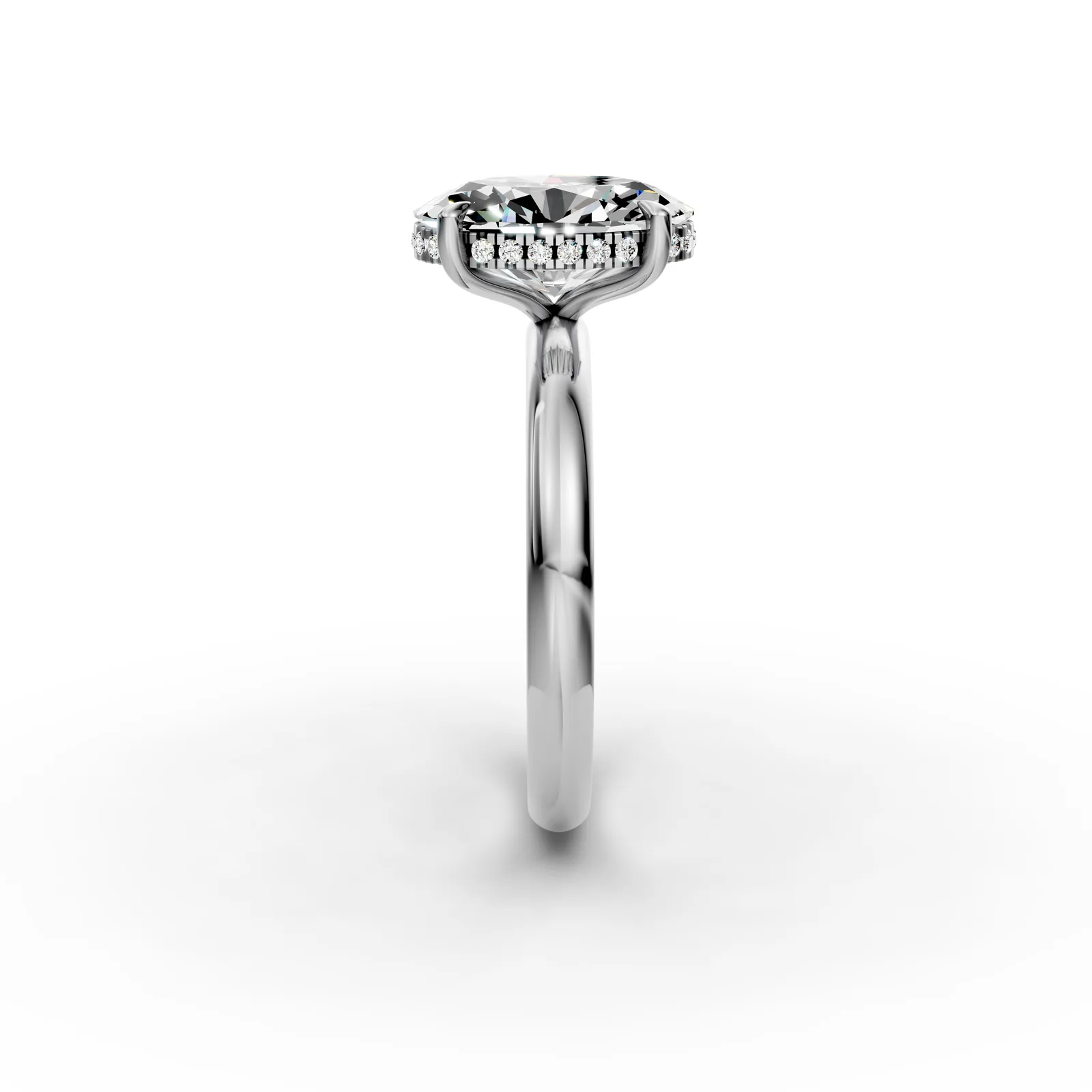 Oval Hidden Halo Solitaire Ring in 18K White Gold, side profile
