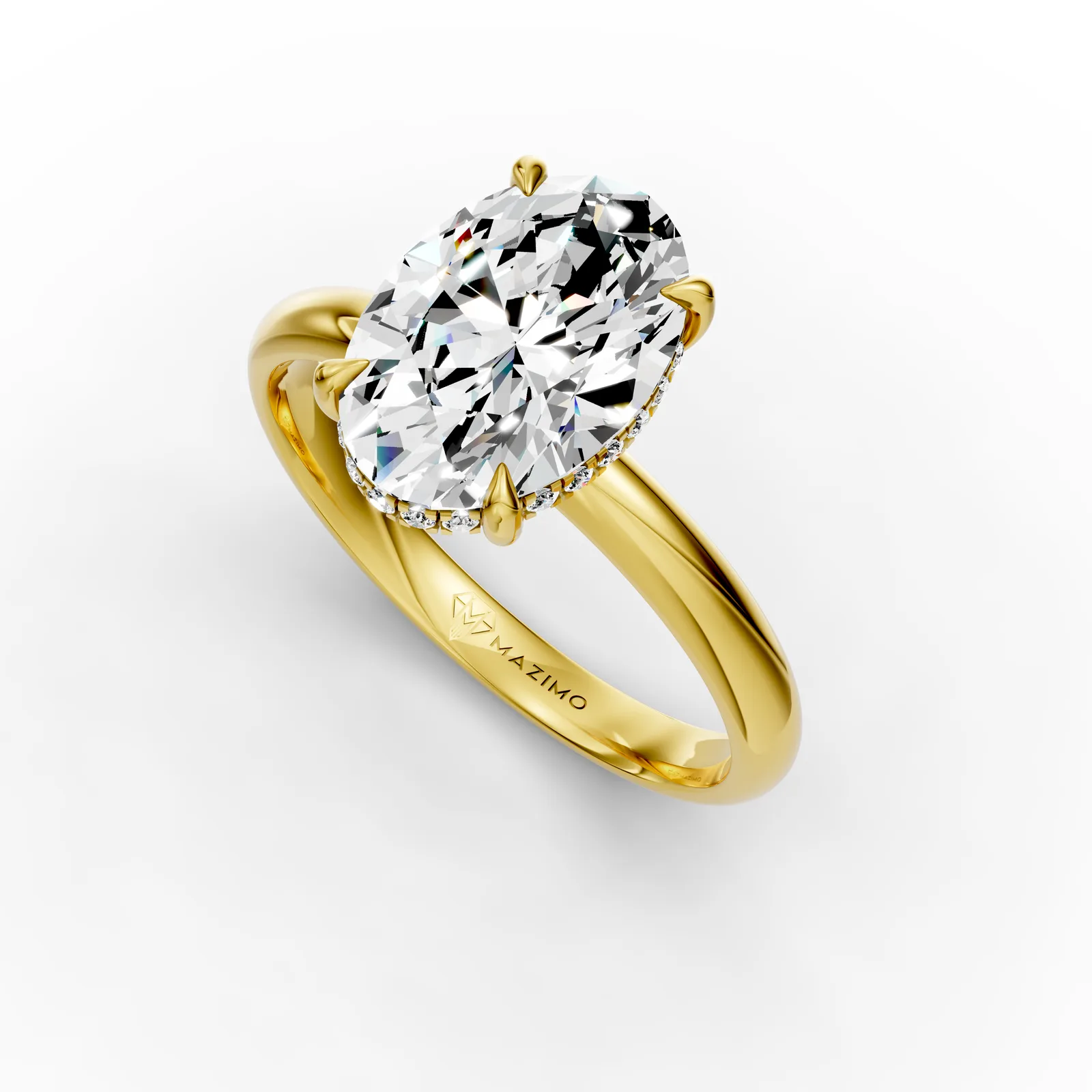 Oval Hidden Halo Solitaire Ring in 18K Yellow Gold, angled view