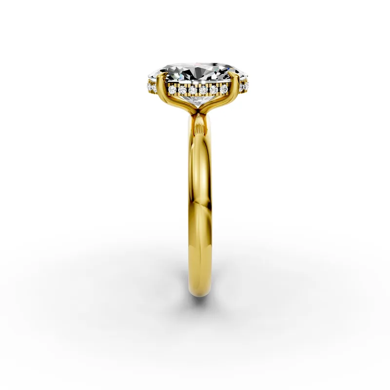 Side view of a rendered yellow gold ring with a row of small diamonds under the oval centre diamond, held by curved claws