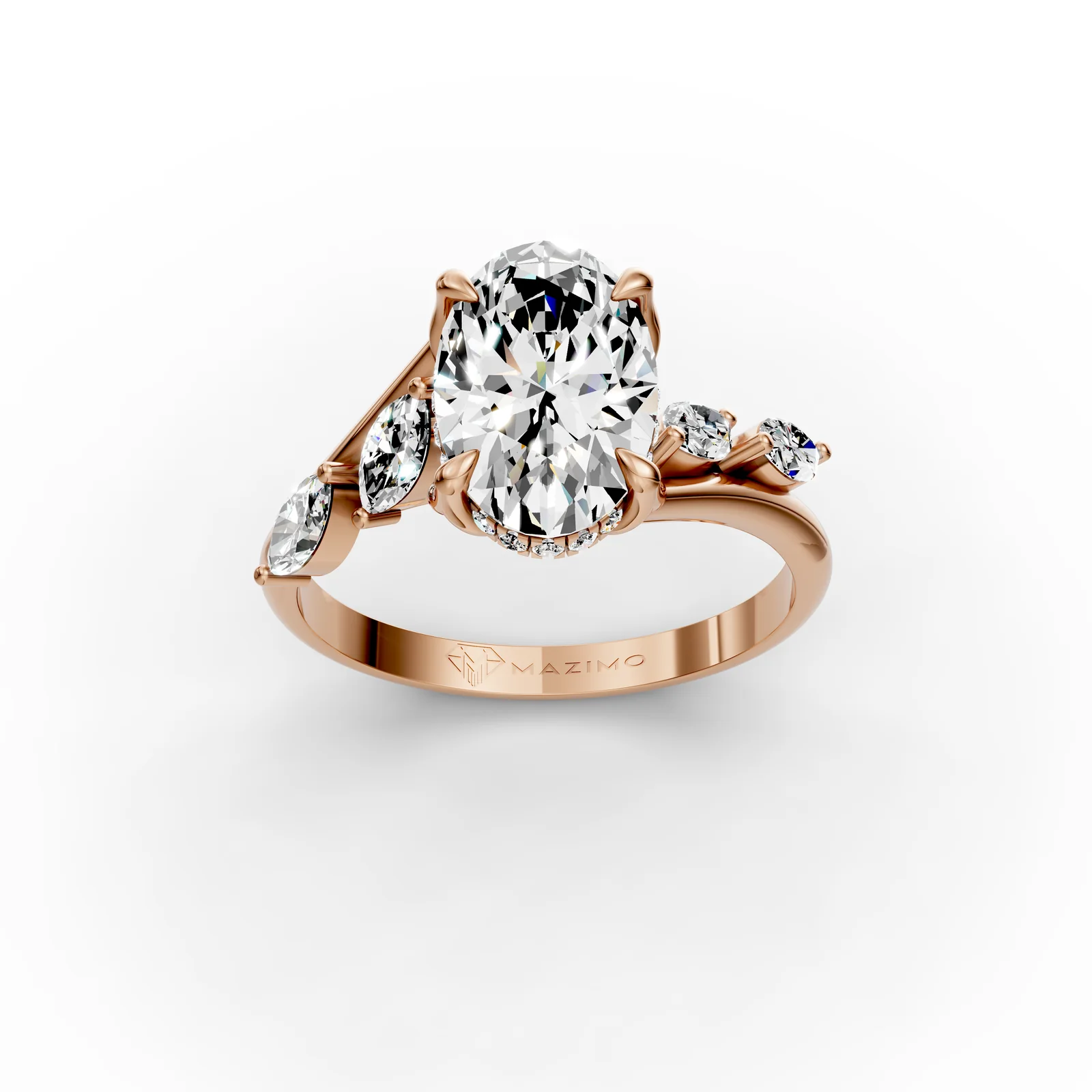 Oval Marquise Bypass Ring in 18K Rose Gold, Oval diamond with small marquise diamonds along the band, three-quarter view
