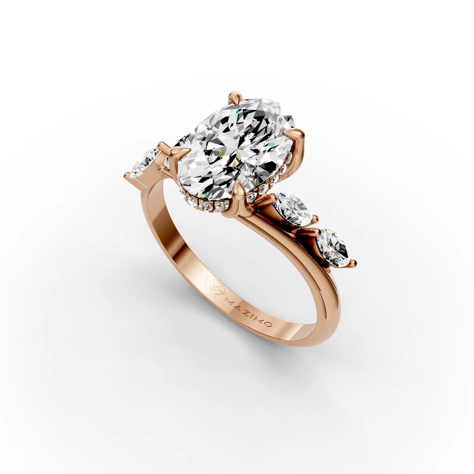 Oval Marquise Bypass Ring in 18K Rose Gold, Oval diamond with small marquise diamonds along the band, angled view