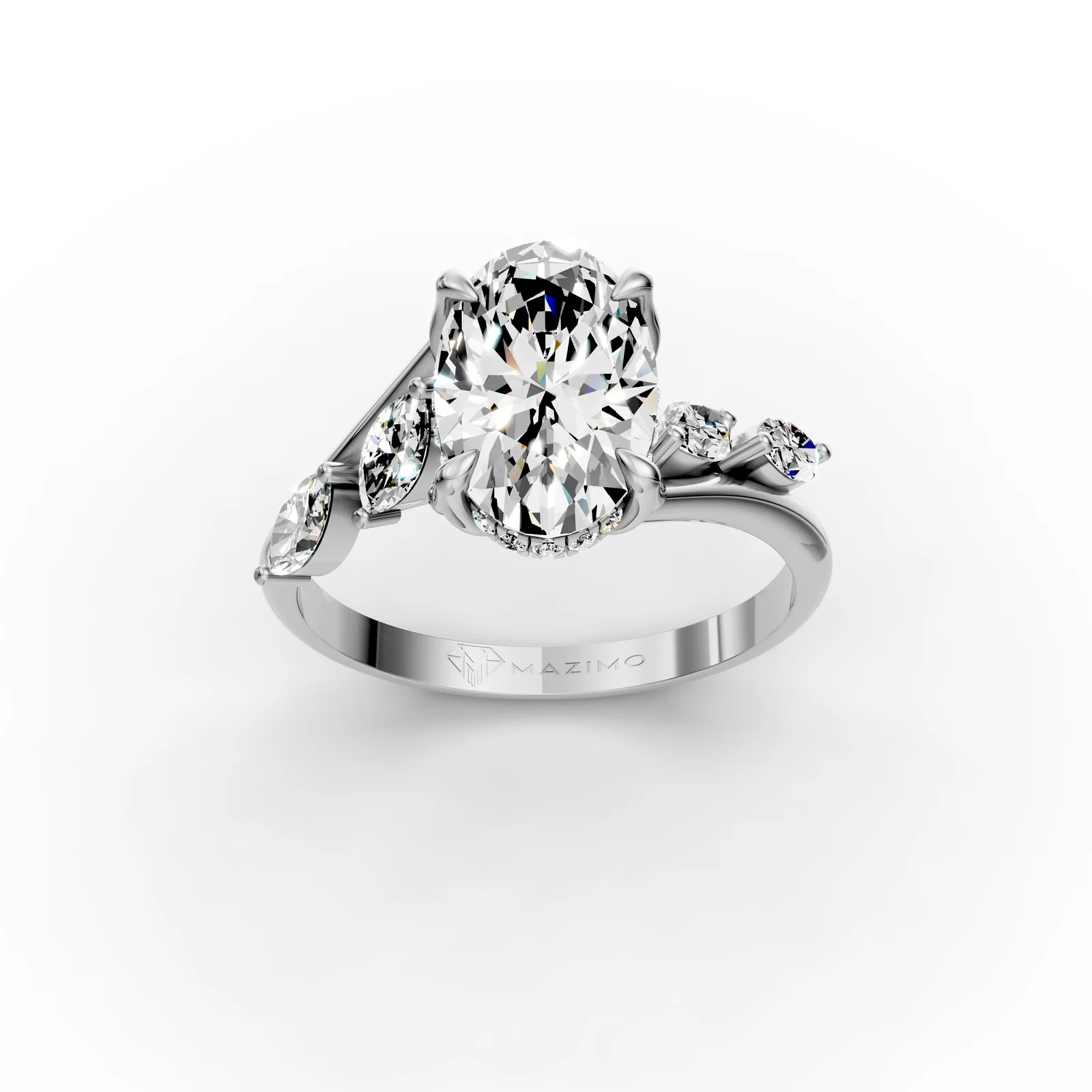 Oval Marquise Bypass Ring in 18K White Gold, Oval diamond with small marquise diamonds along the band, three-quarter view