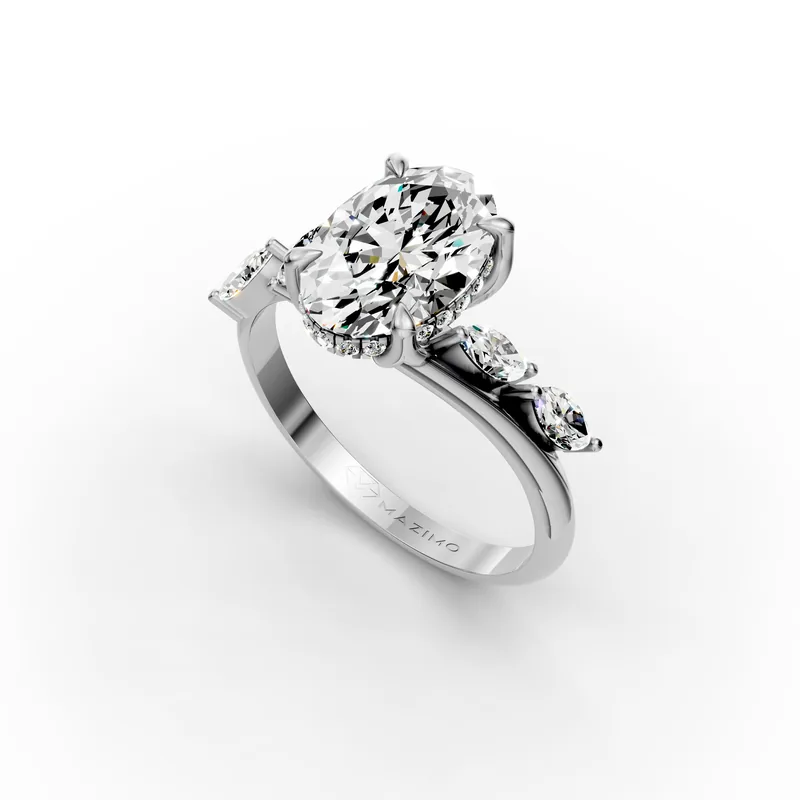 Oval Marquise Bypass Ring in 18K White Gold, Oval diamond with small marquise diamonds along the band, angled view