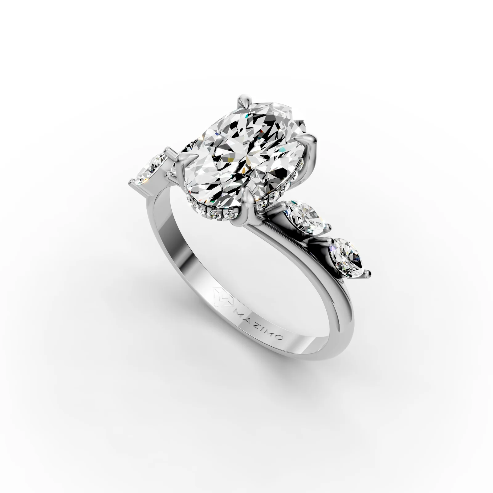 Oval Marquise Bypass Ring in 18K White Gold, Oval diamond with small marquise diamonds along the band, angled view