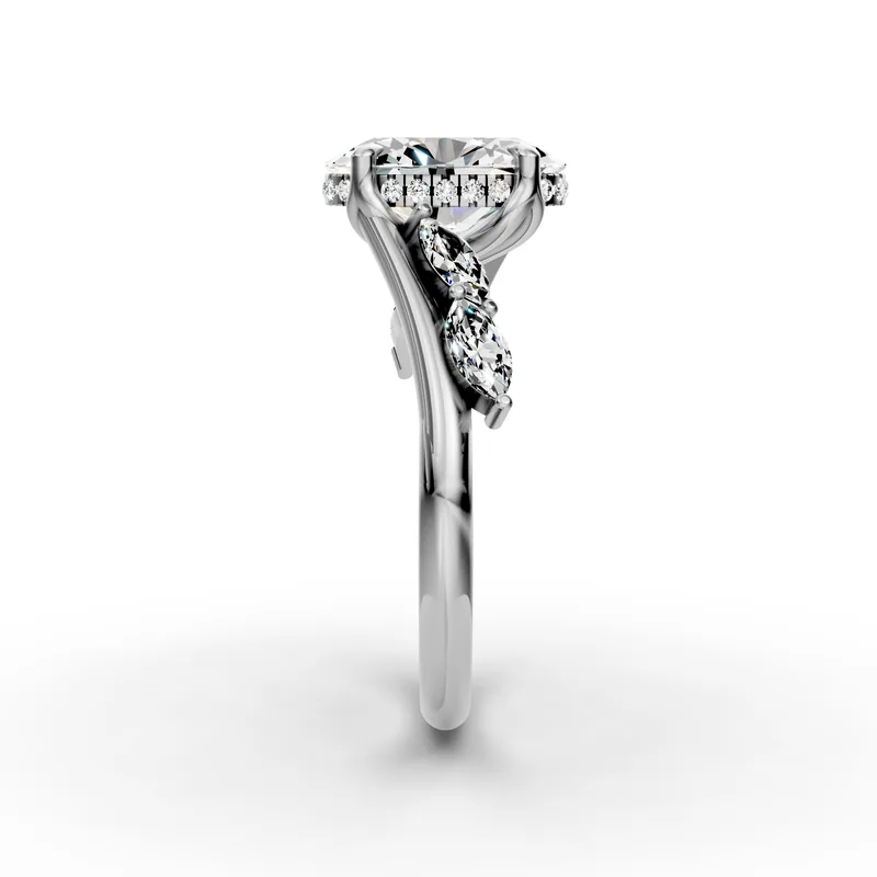 Oval Marquise Bypass Ring in 18K White Gold, Oval diamond with small marquise diamonds along the band, side profile