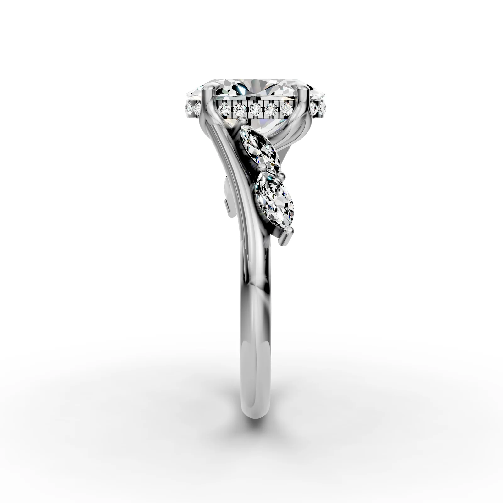 Oval Marquise Bypass Ring in 18K White Gold, Oval diamond with small marquise diamonds along the band, side profile
