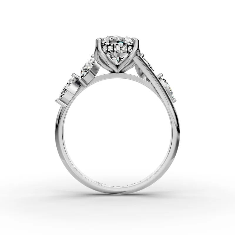 Oval Marquise Bypass Ring in 18K White Gold, Oval diamond with small marquise diamonds along the band, front view