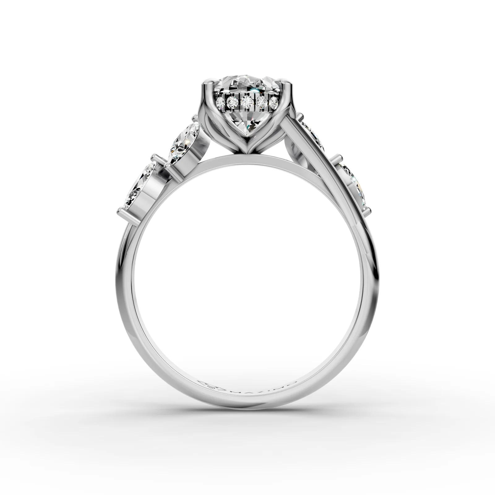 Oval Marquise Bypass Ring in 18K White Gold, Oval diamond with small marquise diamonds along the band, front view