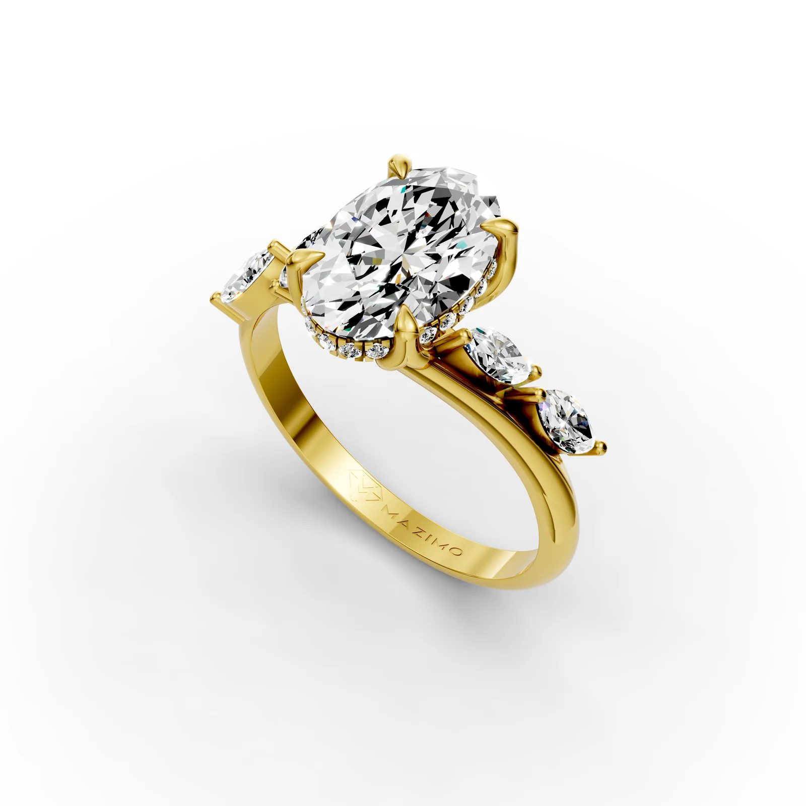 Oval Marquise Bypass Ring in 18K Yellow Gold, Oval diamond with small marquise diamonds along the band, angled view