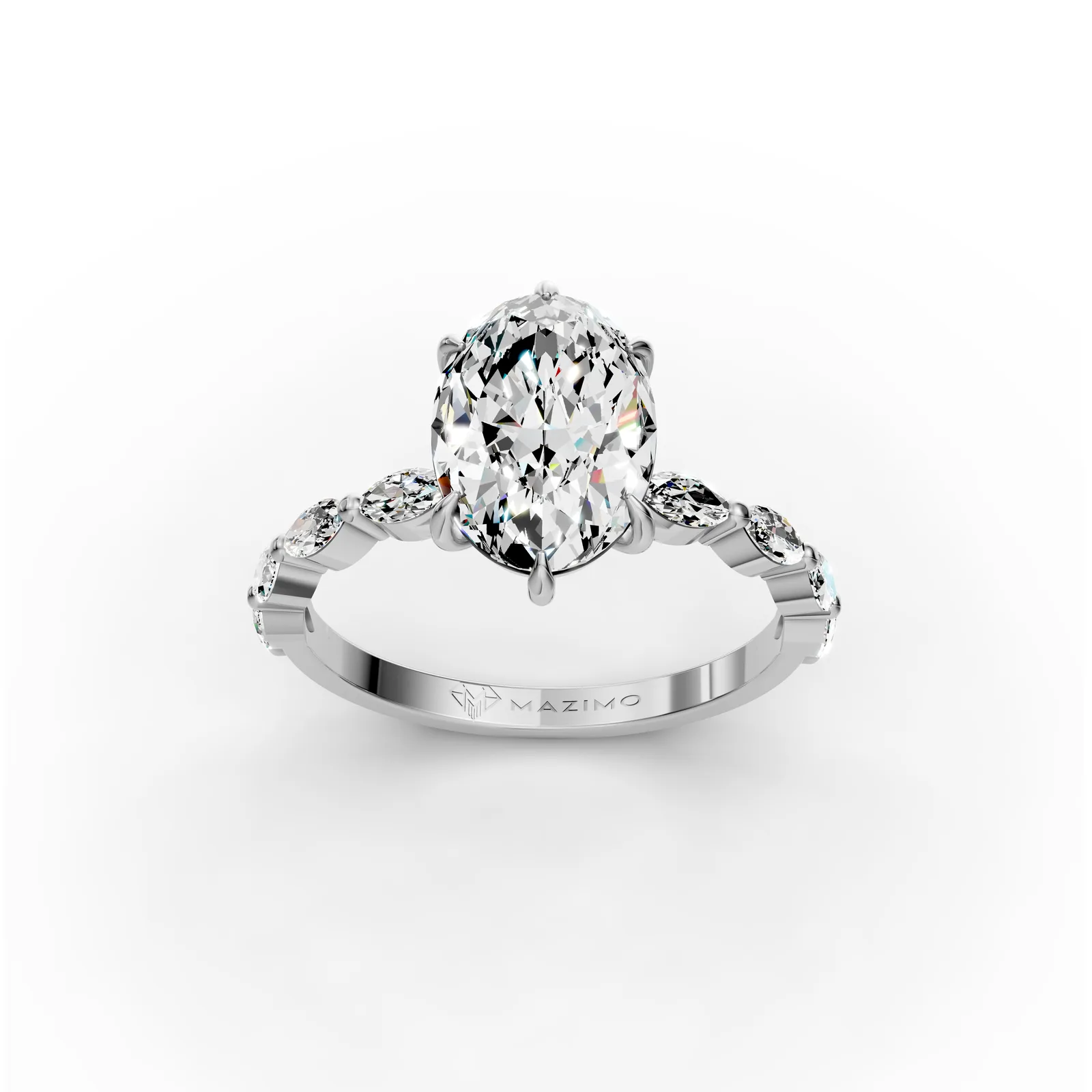 Oval Marquise Shoulders Ring in 18K White Gold, three-quarter view