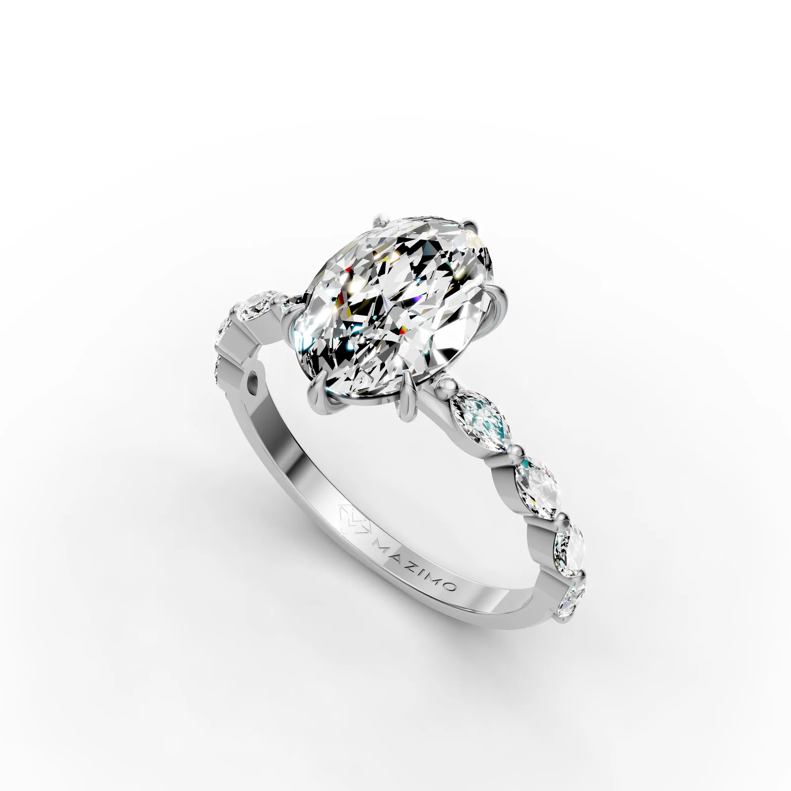 Oval Marquise Shoulders Ring in 18K White Gold, angled view