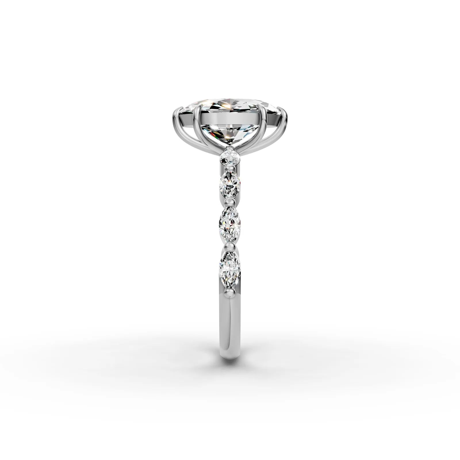 Oval Marquise Shoulders Ring in 18K White Gold, side profile