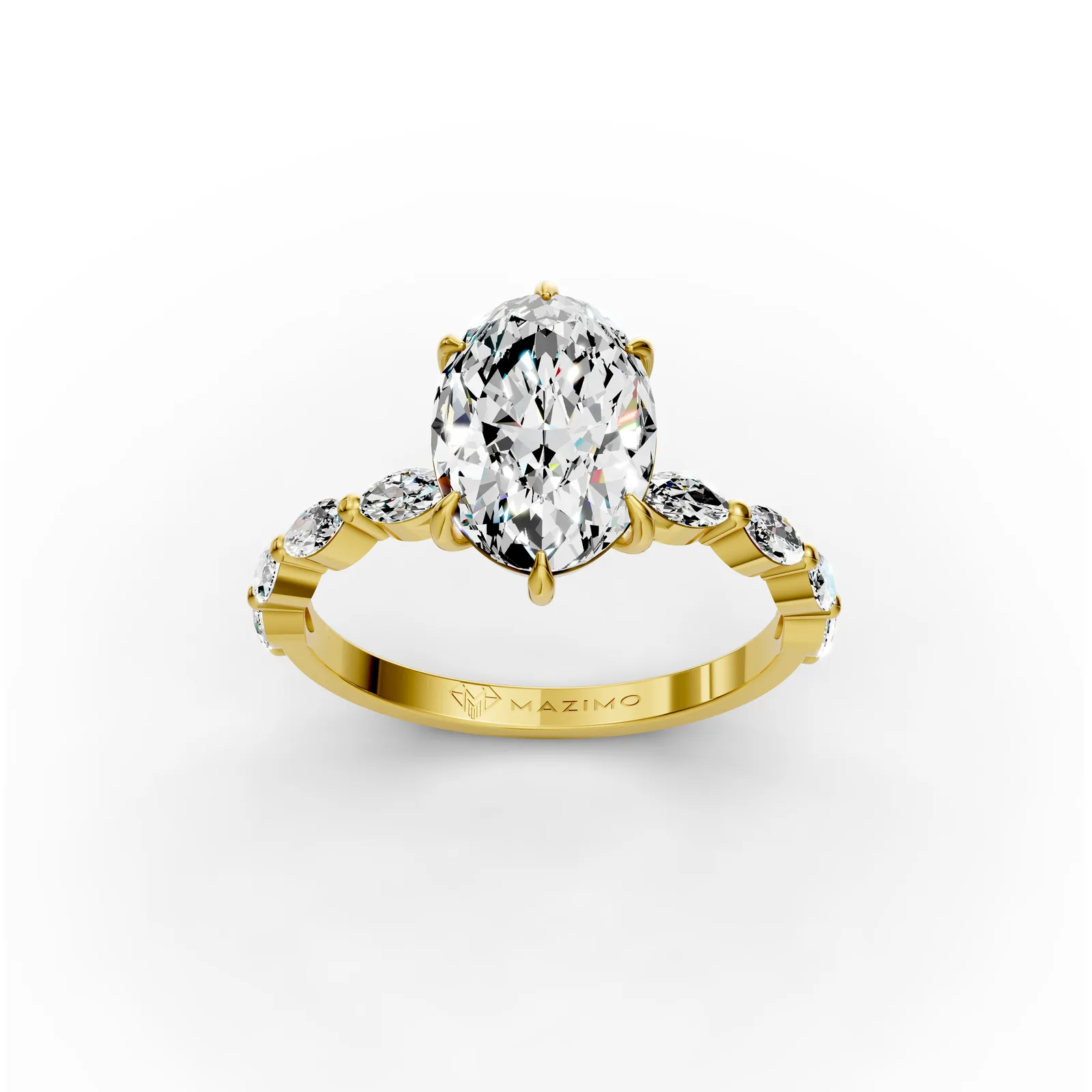 Oval Marquise Shoulders Ring in 18K Yellow Gold, three-quarter view
