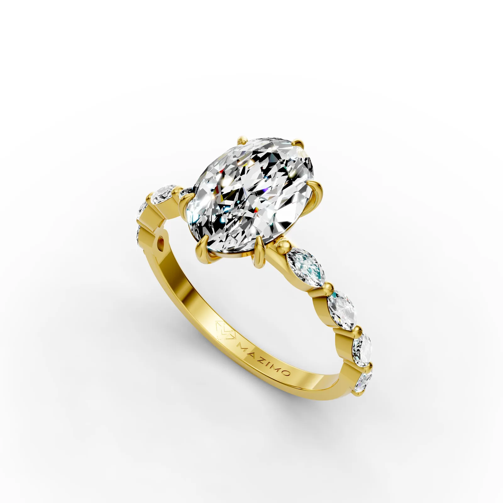 Oval Marquise Shoulders Ring in 18K Yellow Gold, angled view