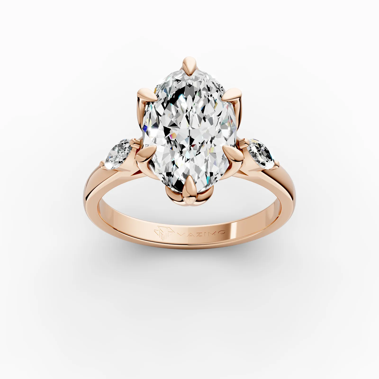 Oval and Marquise Three Stone Ring in 18K Rose Gold, 3.5 ct oval diamond with a marquise diamond on each side, three-quarter view