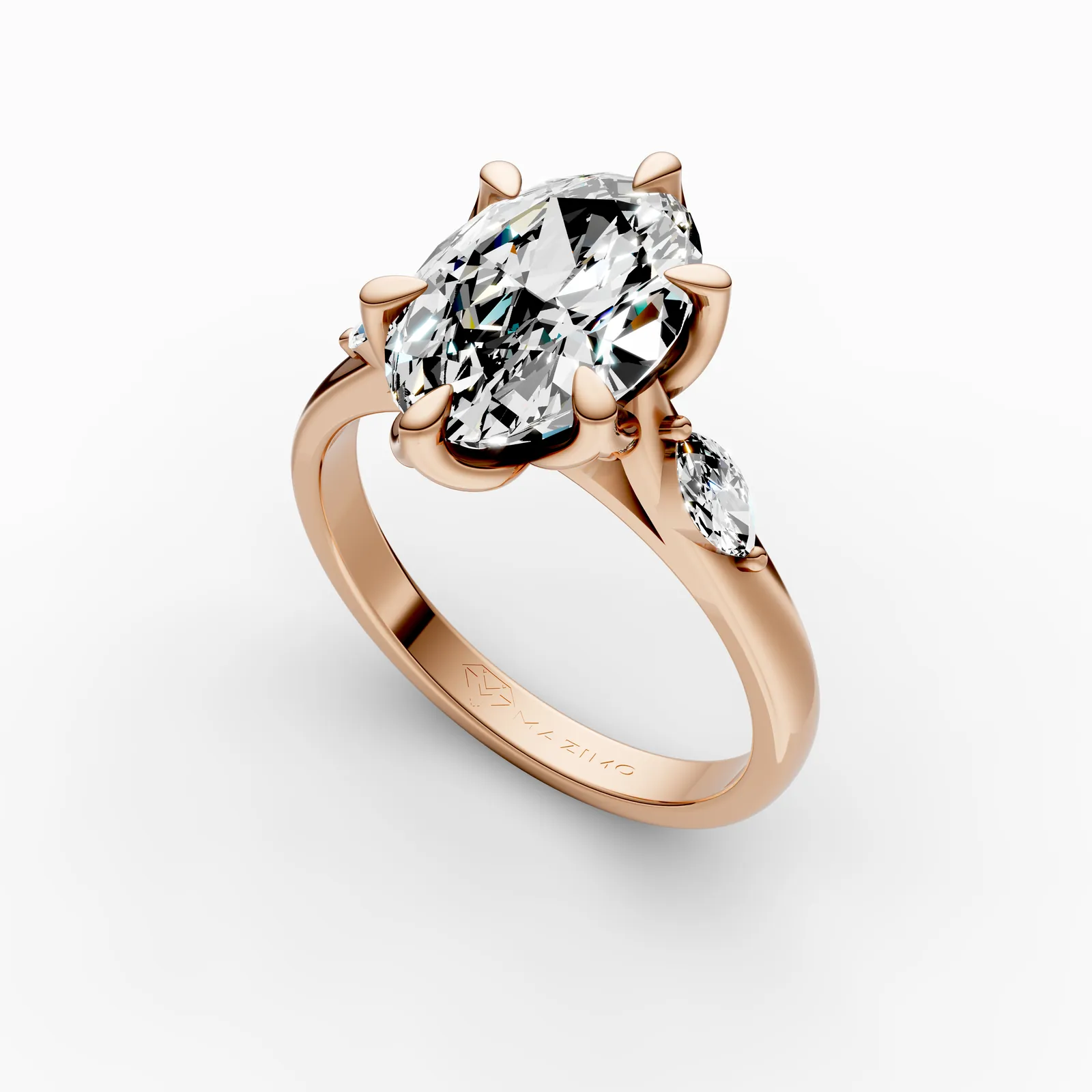 Oval and Marquise Three Stone Ring in 18K Rose Gold, 3.5 ct oval diamond with a marquise diamond on each side, angled view