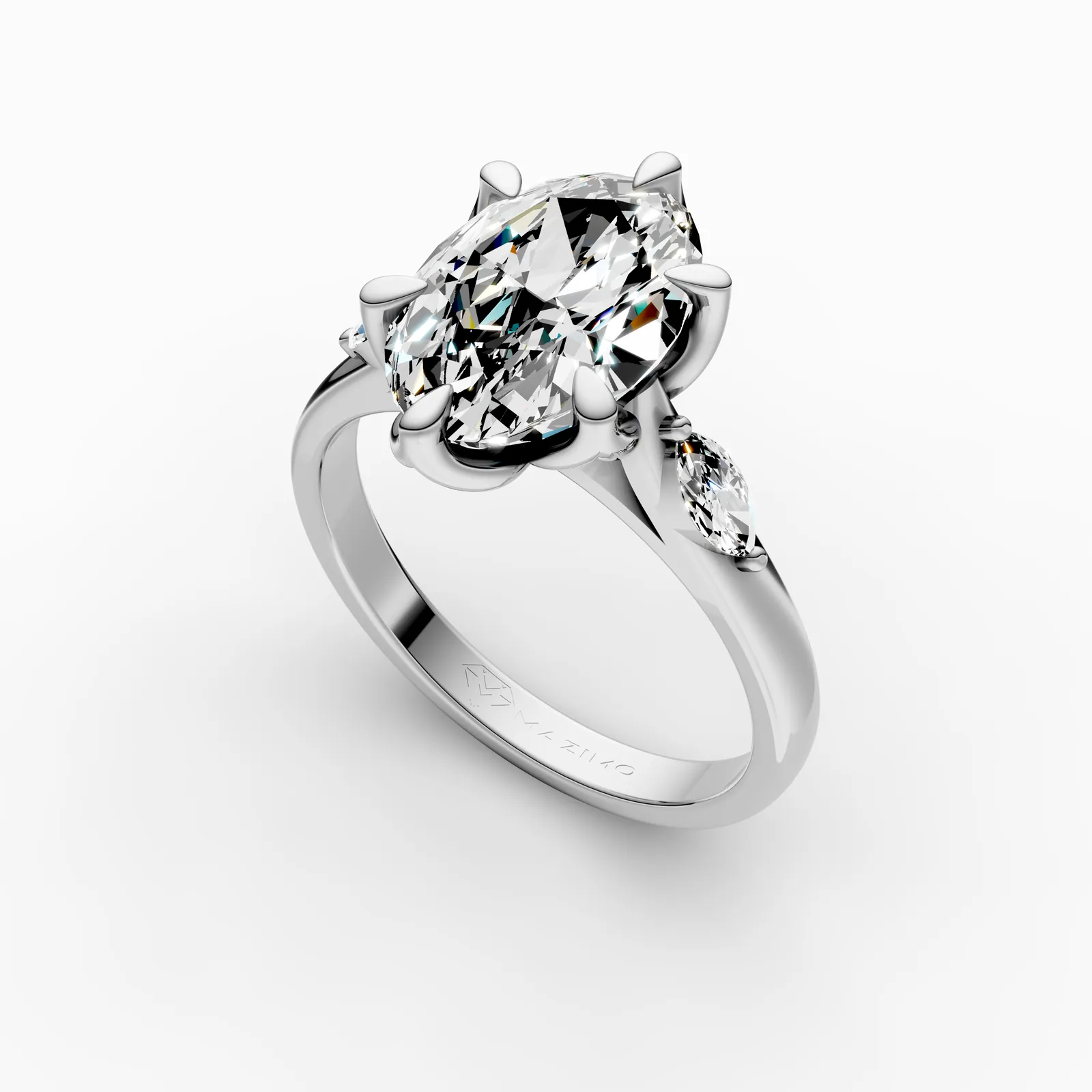 Oval and Marquise Three Stone Ring in 18K White Gold, 3.5 ct oval diamond with a marquise diamond on each side, angled view