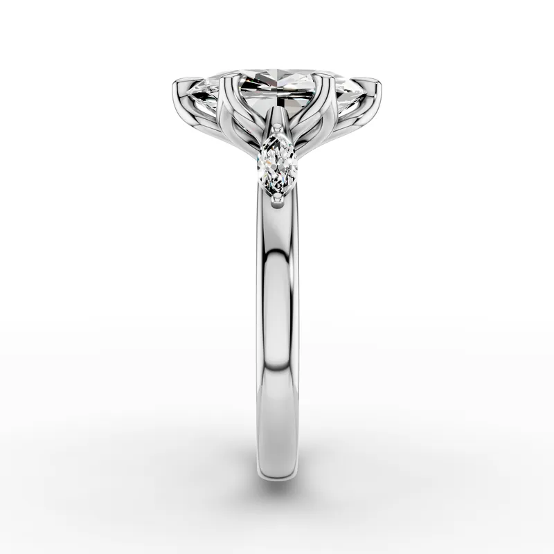 Oval and Marquise Three Stone Ring in 18K White Gold, 3.5 ct oval diamond with a marquise diamond on each side, side profile