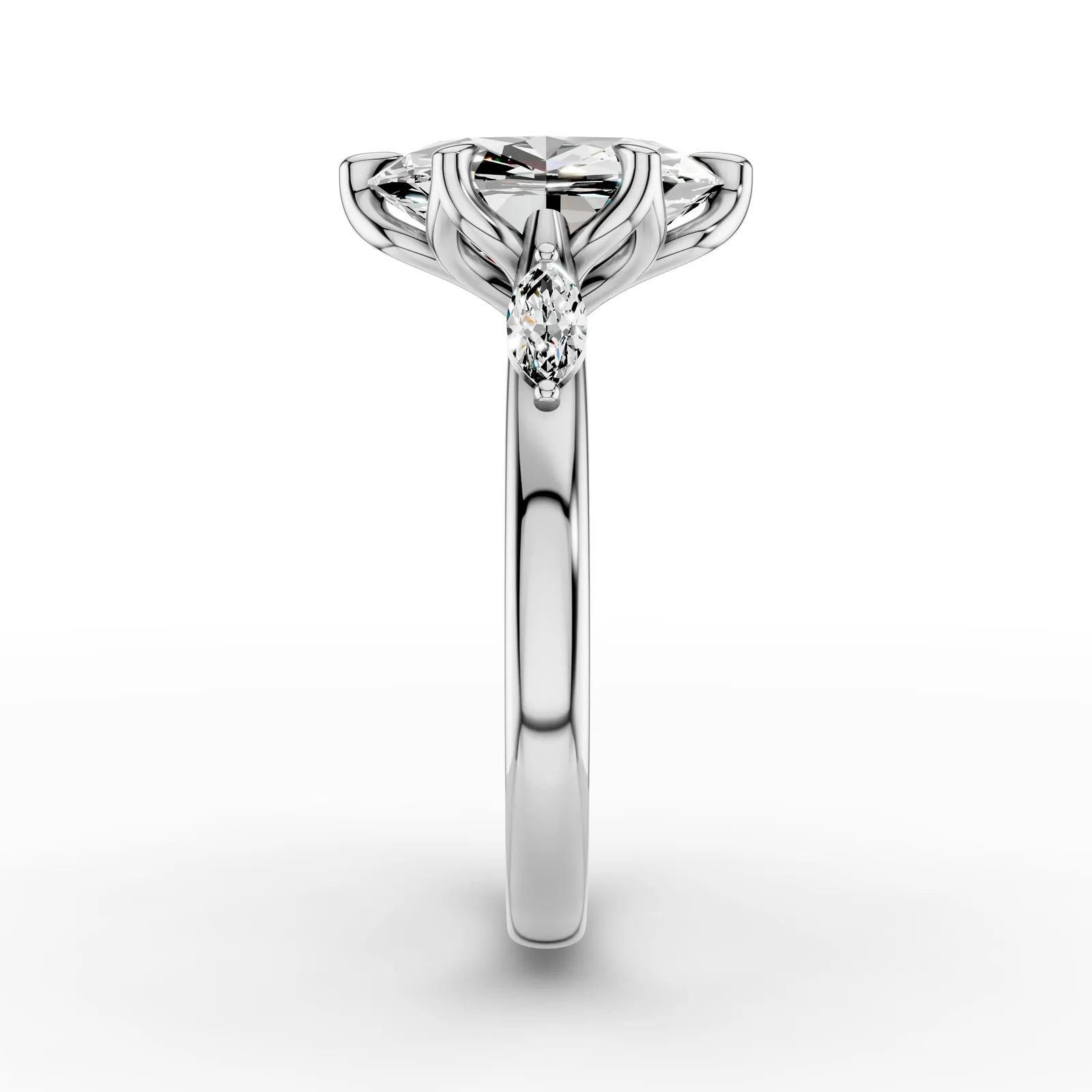 Oval and Marquise Three Stone Ring in 18K White Gold, 3.5 ct oval diamond with a marquise diamond on each side, side profile