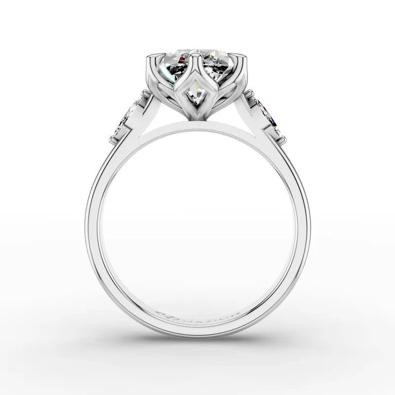 Oval and Marquise Three Stone Ring in 18K White Gold, 3.5 ct oval diamond with a marquise diamond on each side, front view