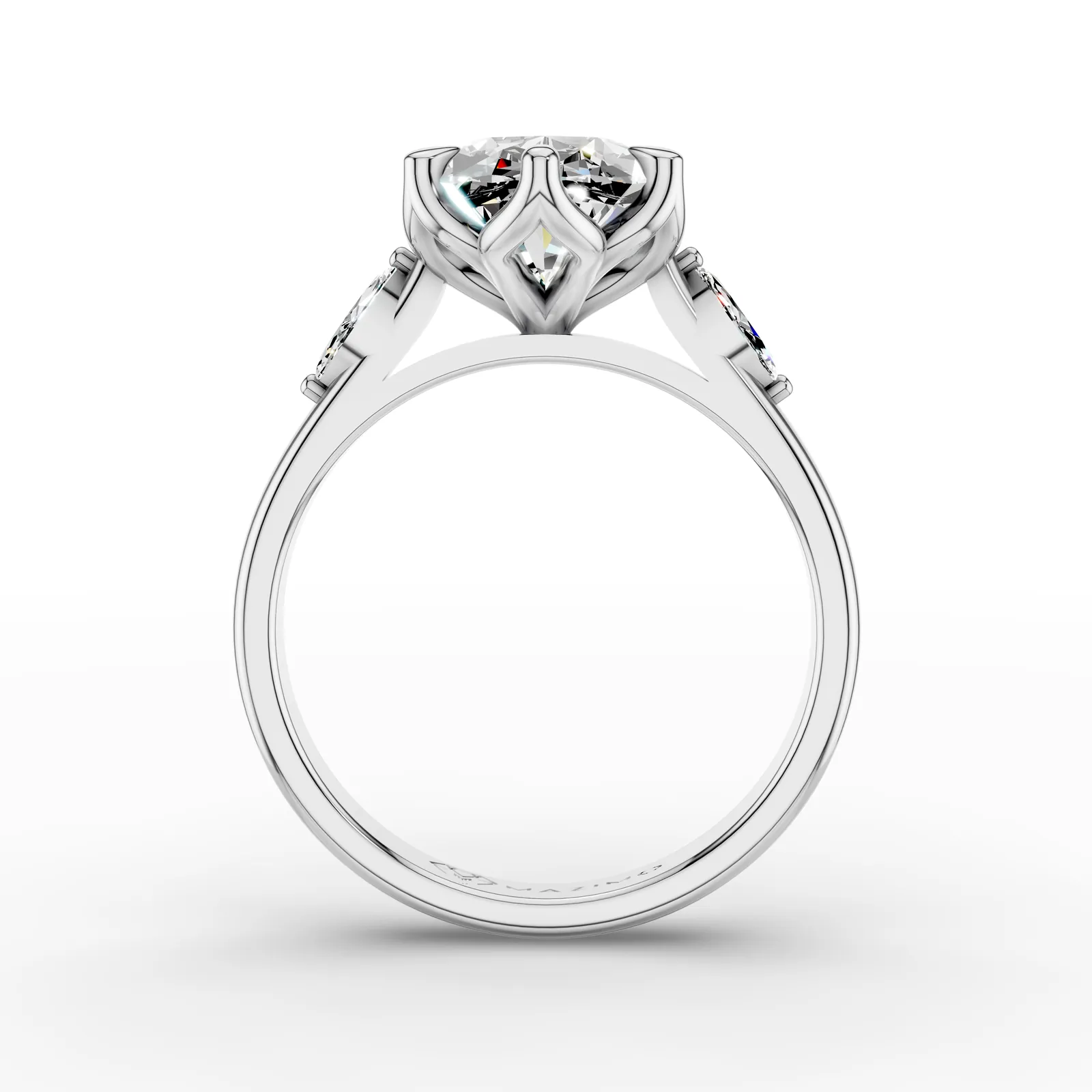 Oval and Marquise Three Stone Ring in 18K White Gold, 3.5 ct oval diamond with a marquise diamond on each side, front view