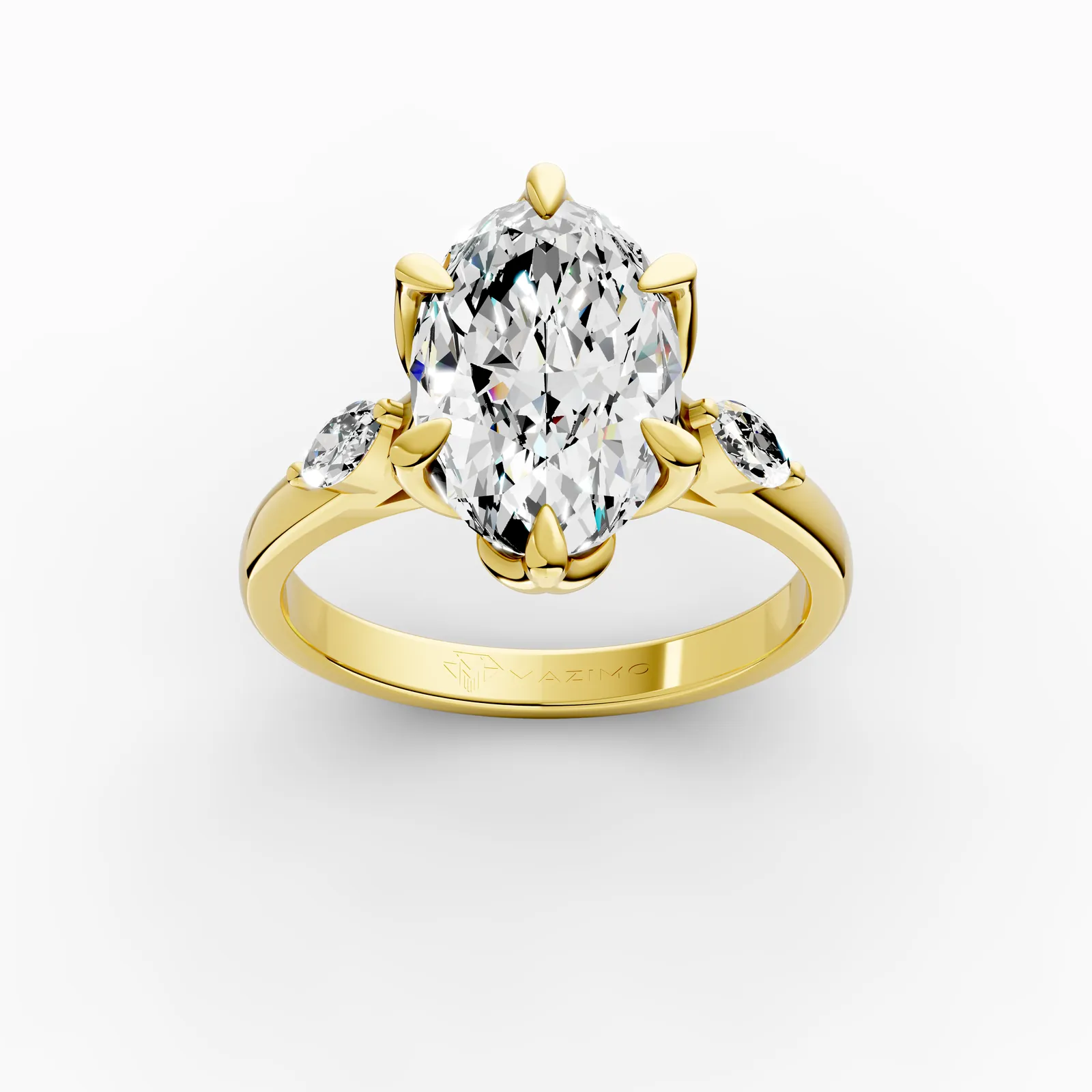 Oval and Marquise Three Stone Ring in 18K Yellow Gold, 3.5 ct oval diamond with a marquise diamond on each side, three-quarter view