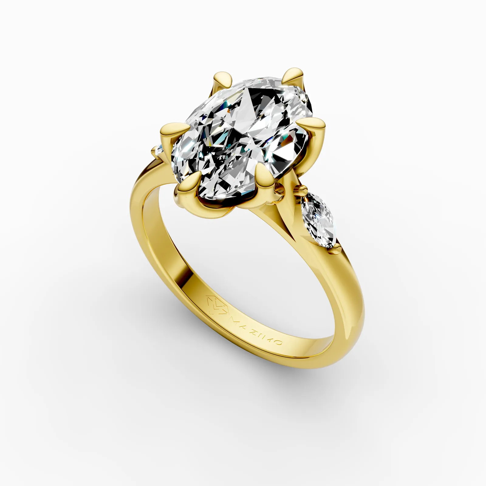 Oval and Marquise Three Stone Ring in 18K Yellow Gold, 3.5 ct oval diamond with a marquise diamond on each side, angled view