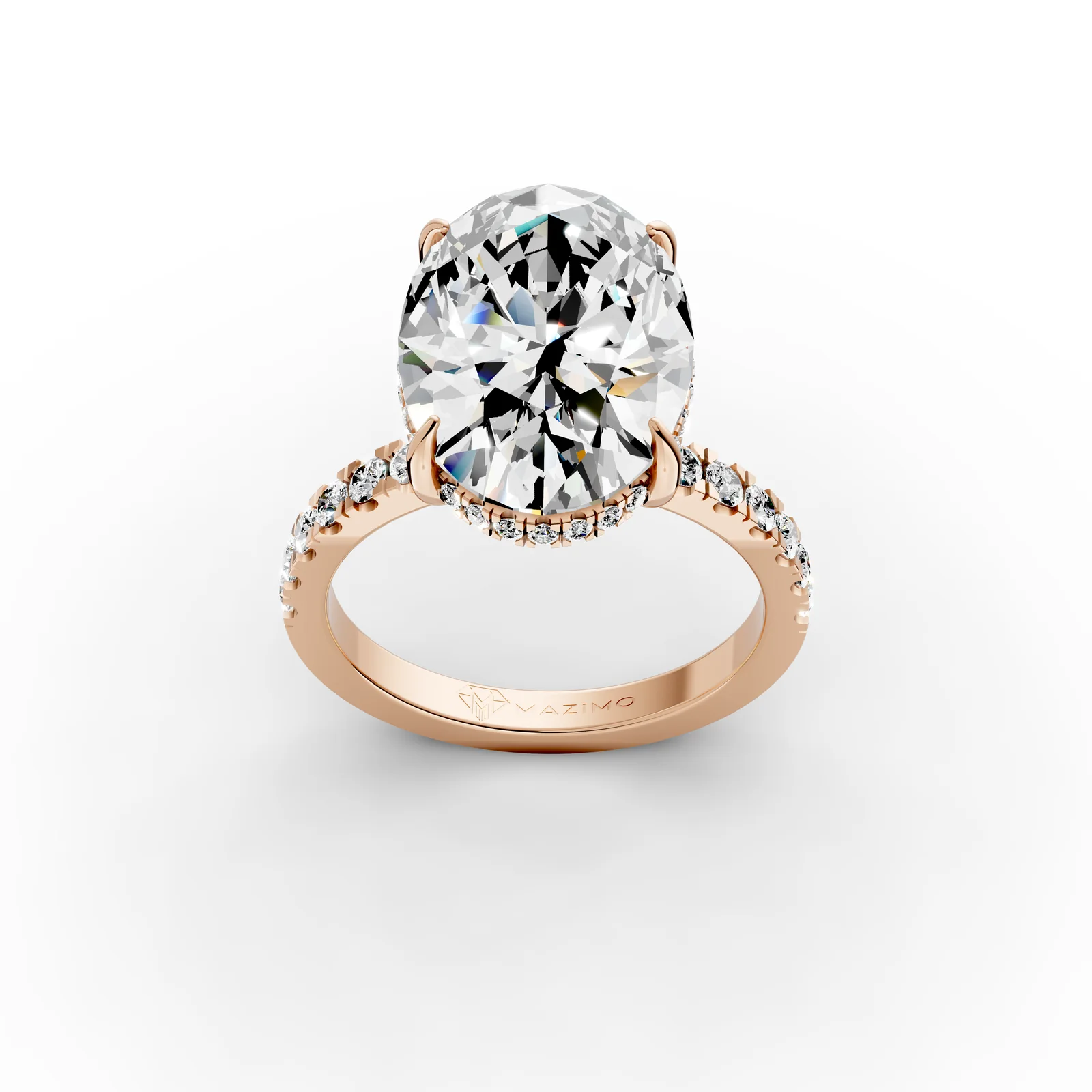 Oval Pavé Hidden Halo Ring, 5.5 ct in 18K Rose Gold, 5.5 ct oval diamond in four claws with a hidden halo and a pavé band, three-quarter view