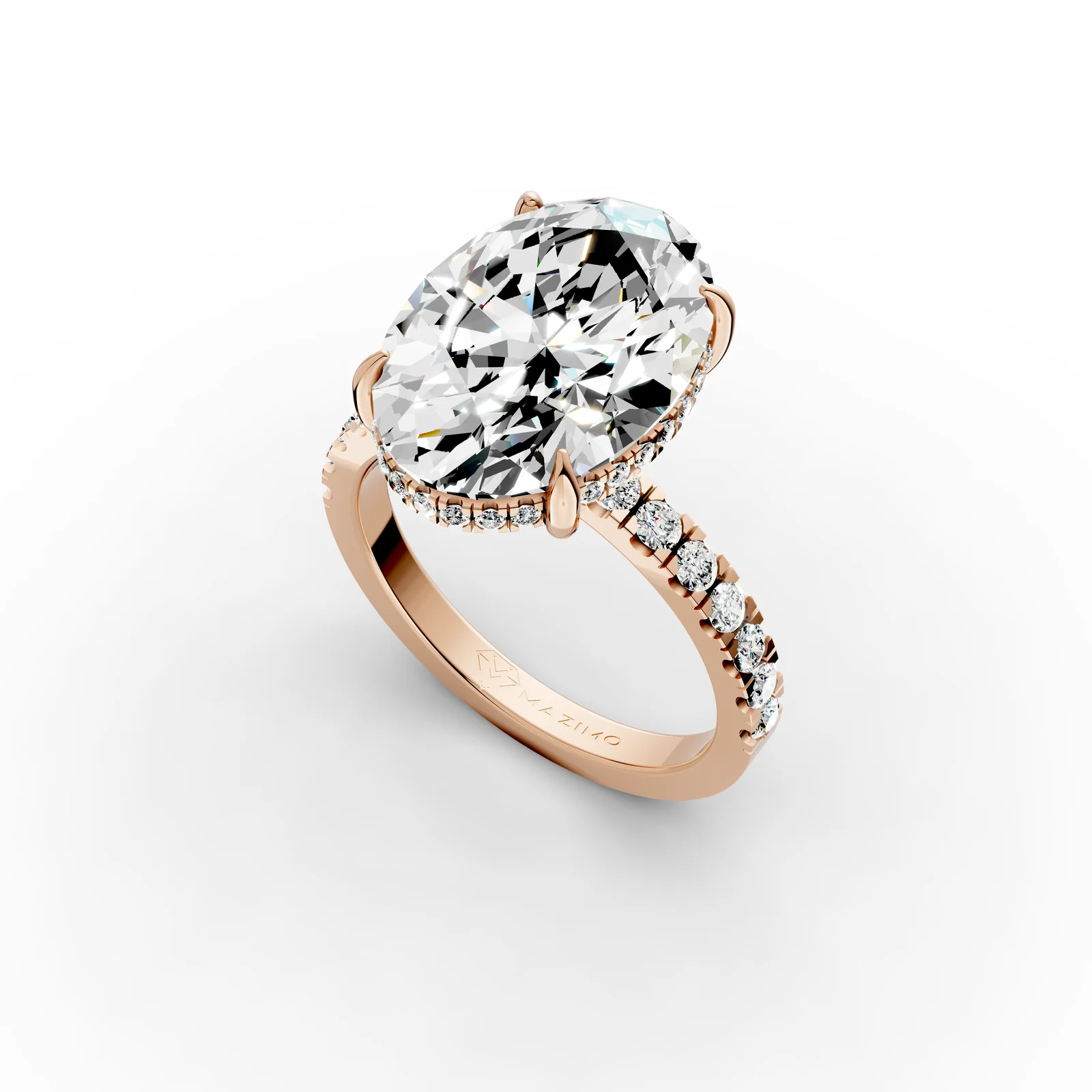 Oval Pavé Hidden Halo Ring, 5.5 ct in 18K Rose Gold, 5.5 ct oval diamond in four claws with a hidden halo and a pavé band, angled view