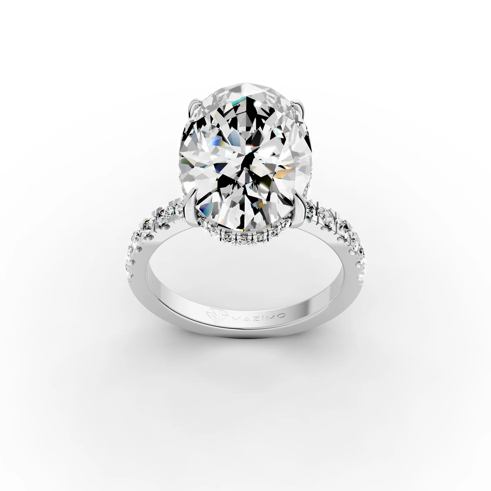 Oval Pavé Hidden Halo Ring, 5.5 ct in 18K White Gold, 5.5 ct oval diamond in four claws with a hidden halo and a pavé band, three-quarter view