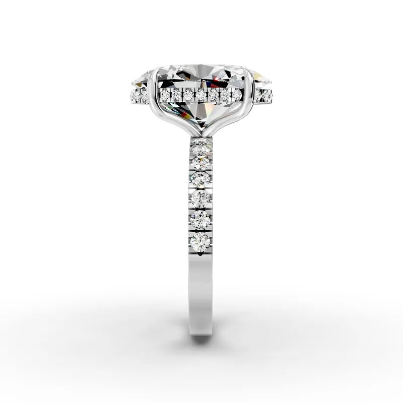 Oval Pavé Hidden Halo Ring, 5.5 ct in 18K White Gold, 5.5 ct oval diamond in four claws with a hidden halo and a pavé band, side profile
