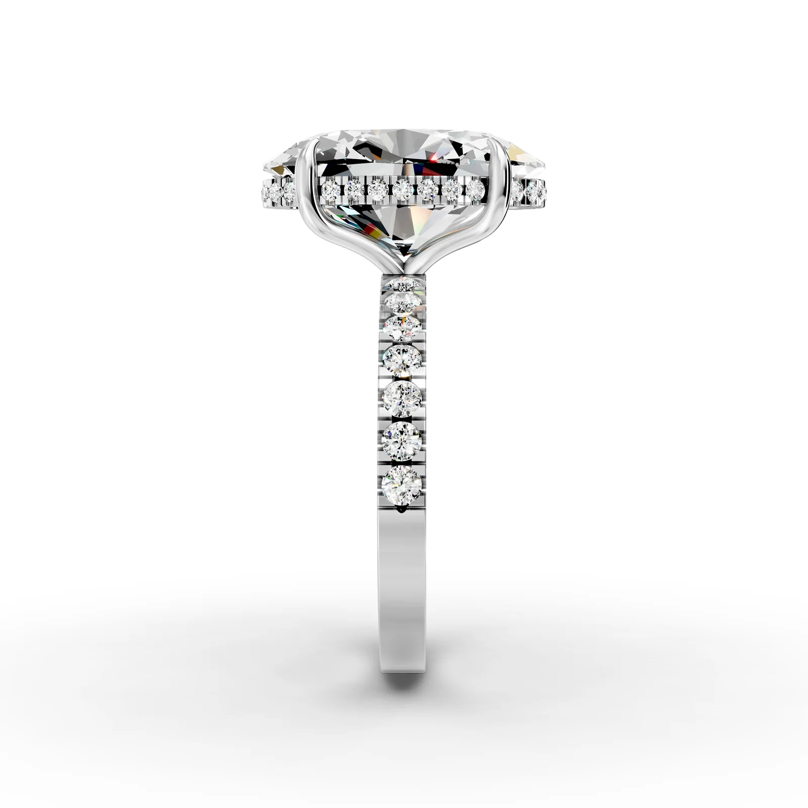 Oval Pavé Hidden Halo Ring, 5.5 ct in 18K White Gold, 5.5 ct oval diamond in four claws with a hidden halo and a pavé band, side profile