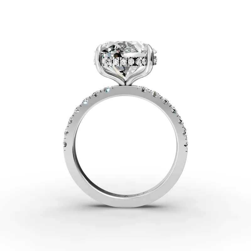 Oval Pavé Hidden Halo Ring, 5.5 ct in 18K White Gold, 5.5 ct oval diamond in four claws with a hidden halo and a pavé band, front view