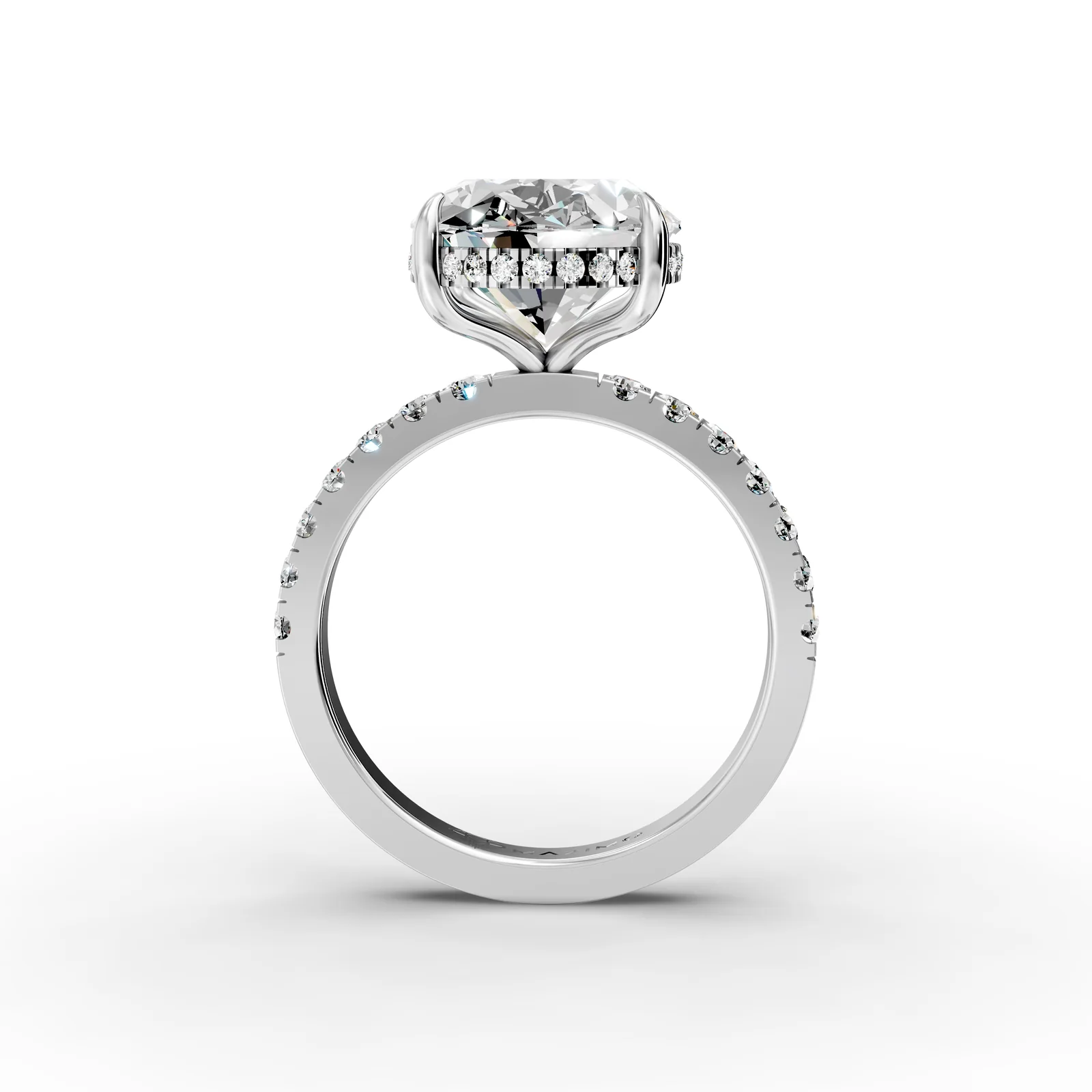Oval Pavé Hidden Halo Ring, 5.5 ct in 18K White Gold, 5.5 ct oval diamond in four claws with a hidden halo and a pavé band, front view