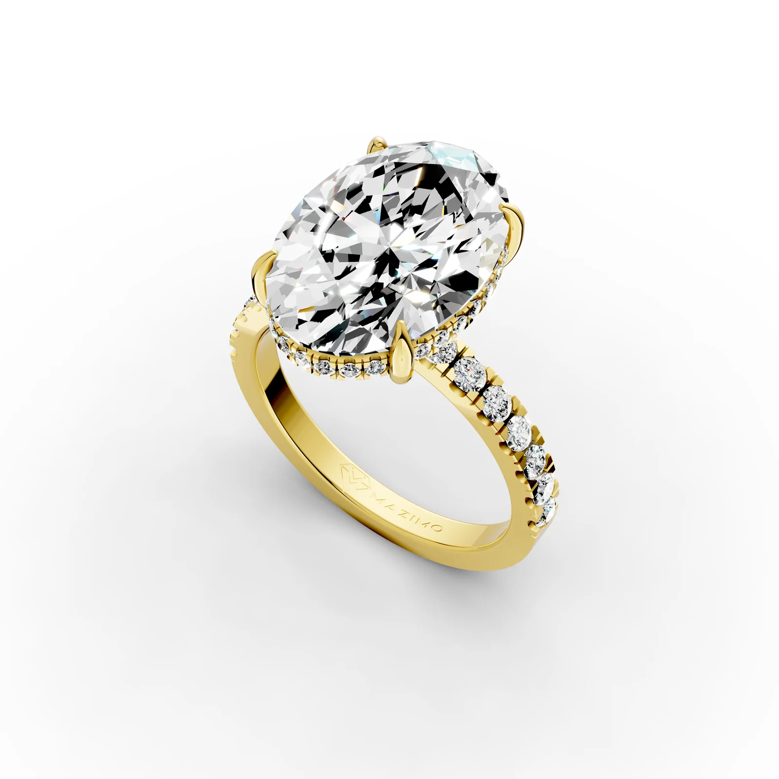 Oval Pavé Hidden Halo Ring, 5.5 ct in 18K Yellow Gold, 5.5 ct oval diamond in four claws with a hidden halo and a pavé band, angled view