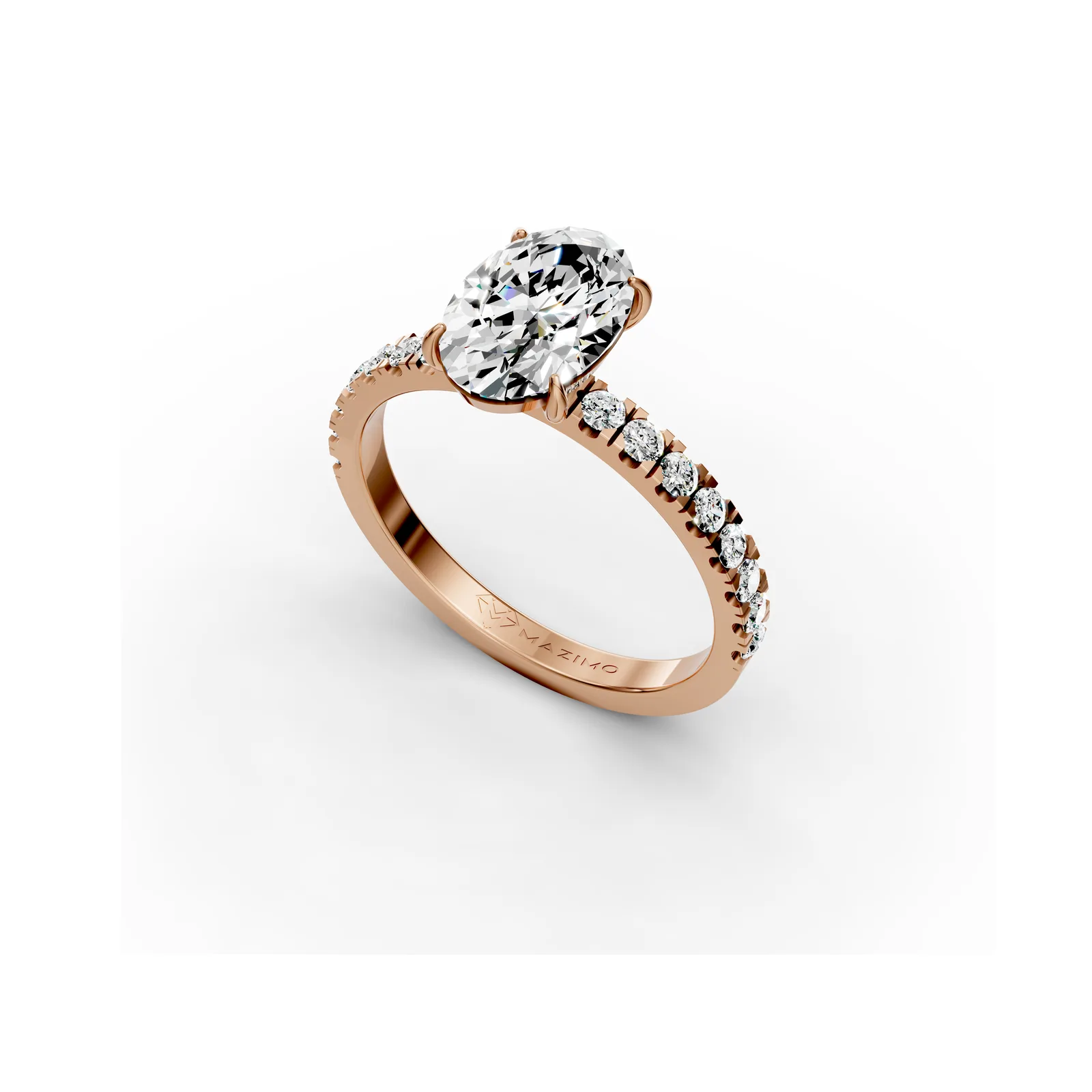 Oval Pavé Solitaire Ring, 1.5 ct in 18K Rose Gold, angled view