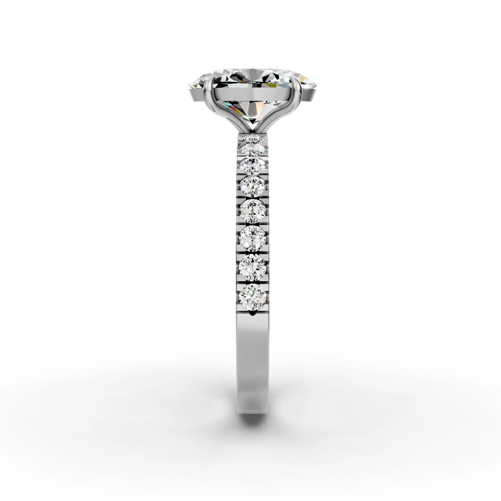 Oval Pavé Solitaire Ring, 1.47 ct in 18K White Gold, side profile