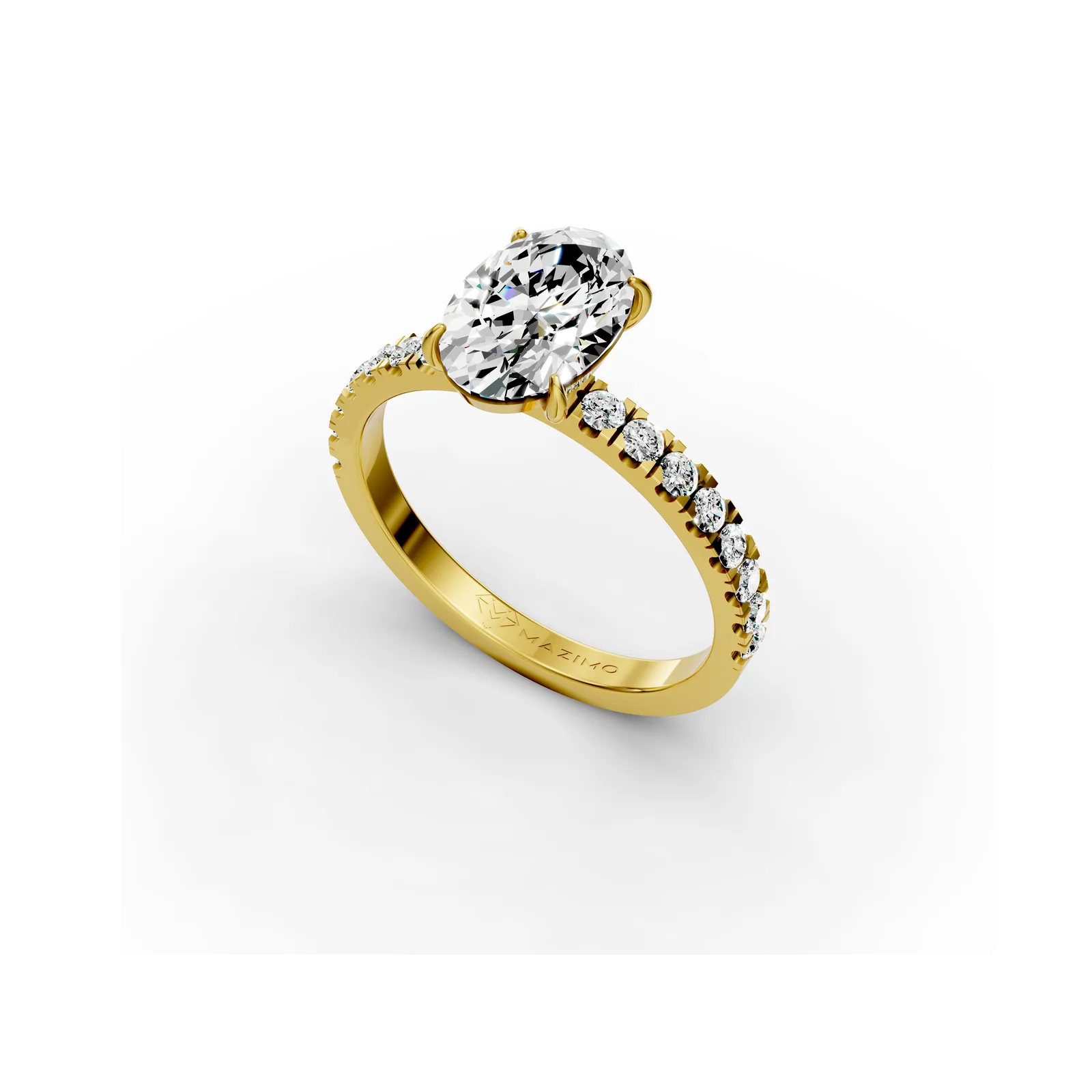 Oval Pavé Solitaire Ring, 1.5 ct in 18K Yellow Gold, angled view