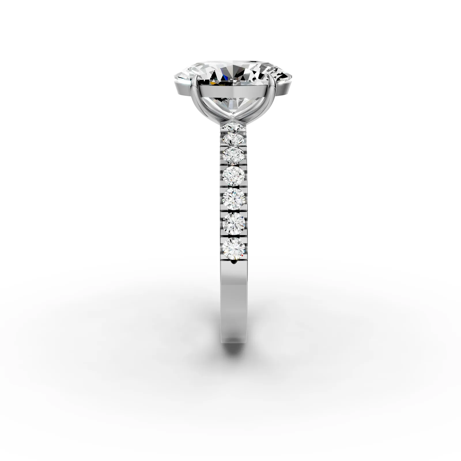 Oval Pavé Solitaire Ring, 1.95 ct in 18K White Gold, side profile